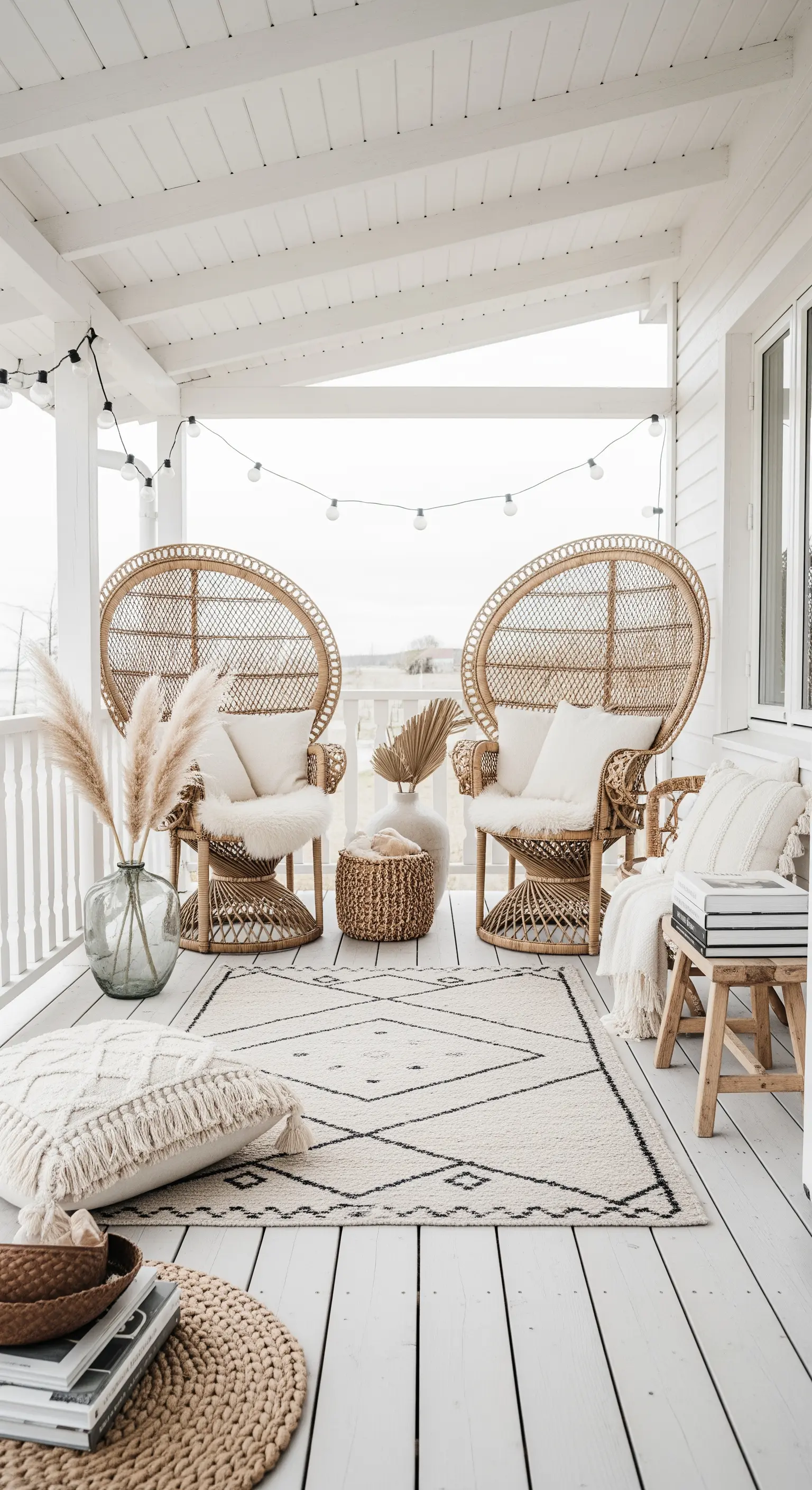 Veranda bianca con due poltrone peacock, tappeto neutro e erba della pampas.
