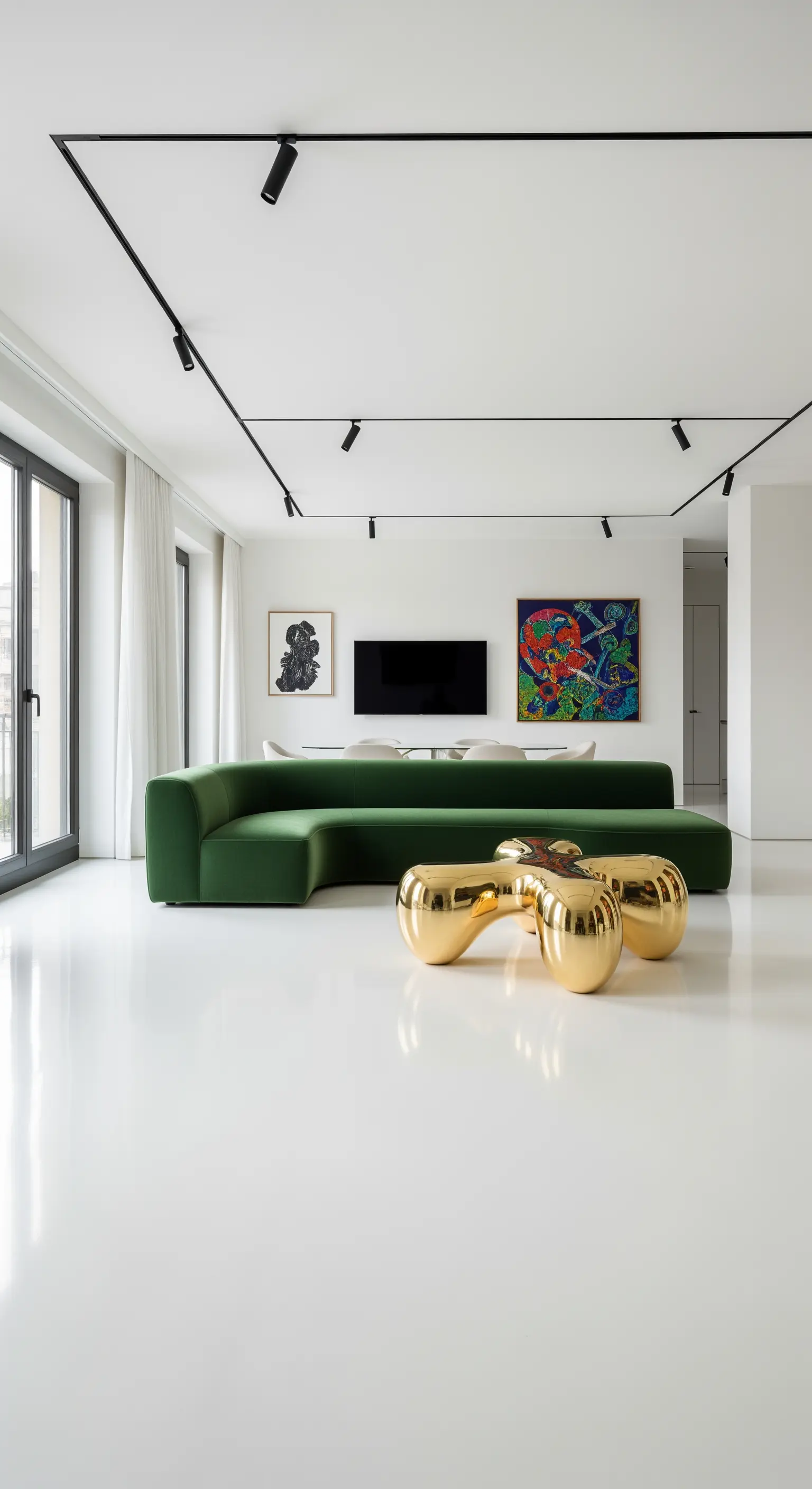 Soggiorno moderno e bianco con divano verde sinuoso e tavolino scultoreo in ottone lucido.