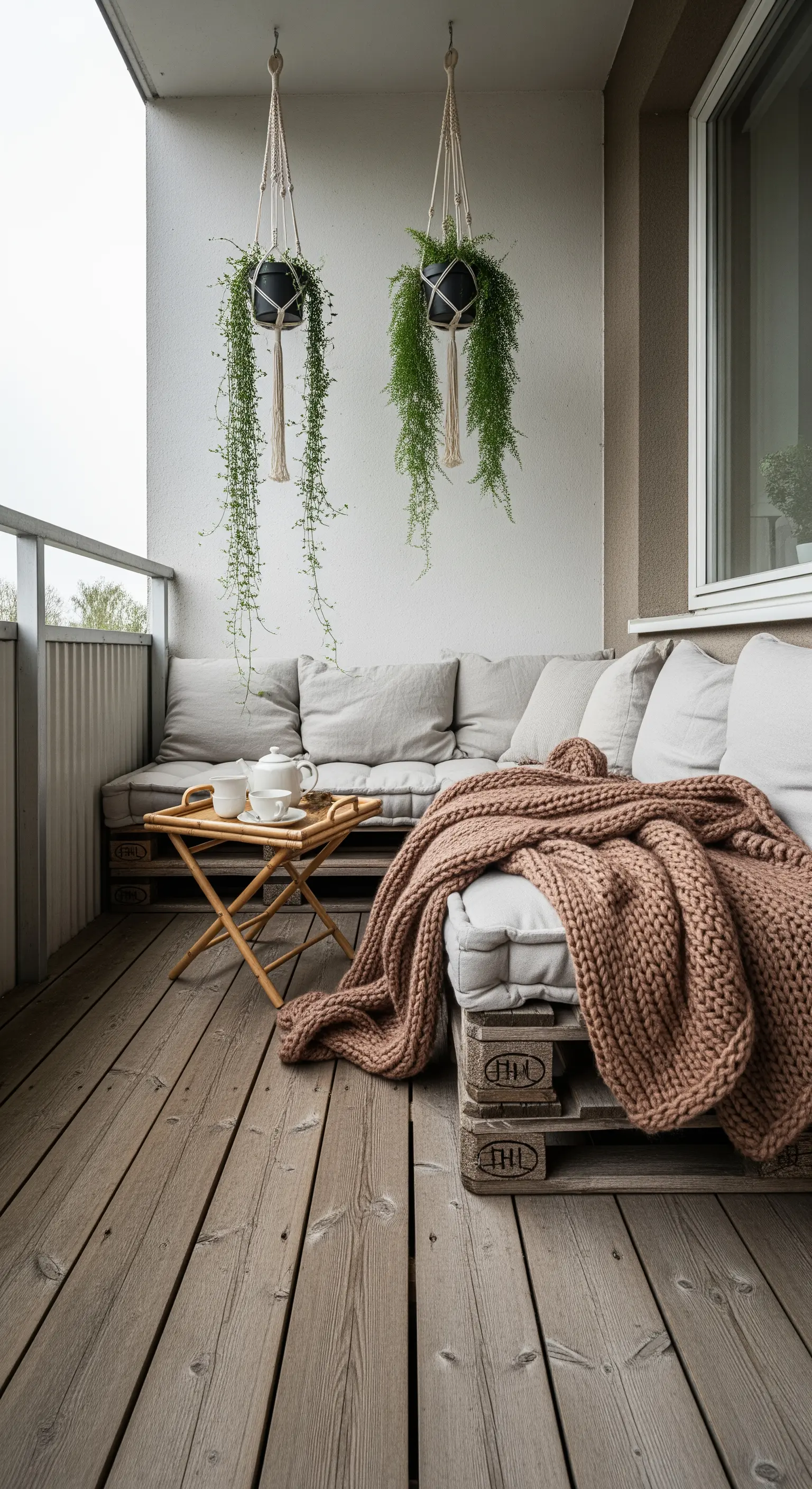 Divano in pallet con cuscini chiari e piante sospese su un balcone in legno.