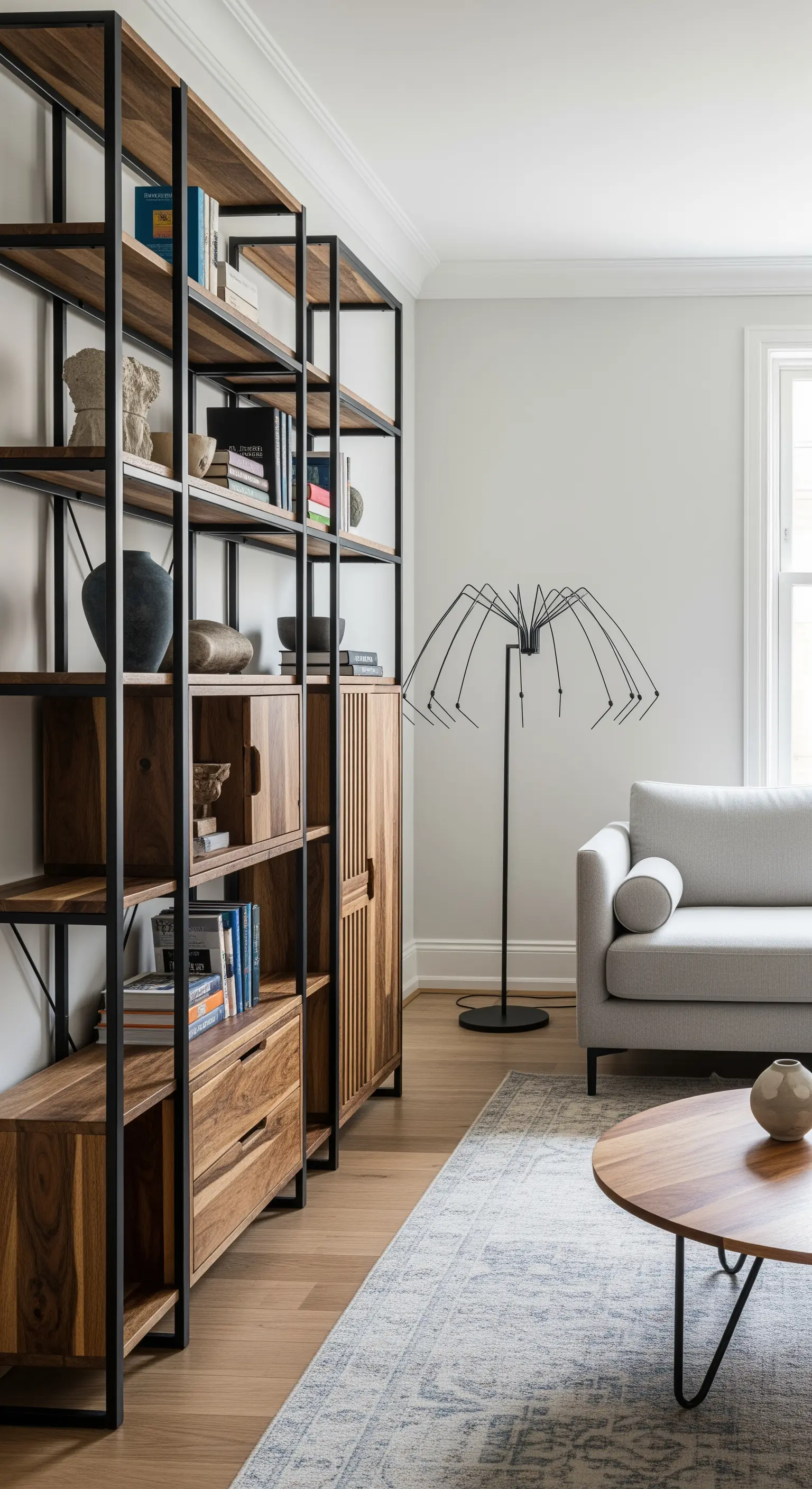 Libreria modulare in metallo nero e legno usata come divisorio in un soggiorno moderno.