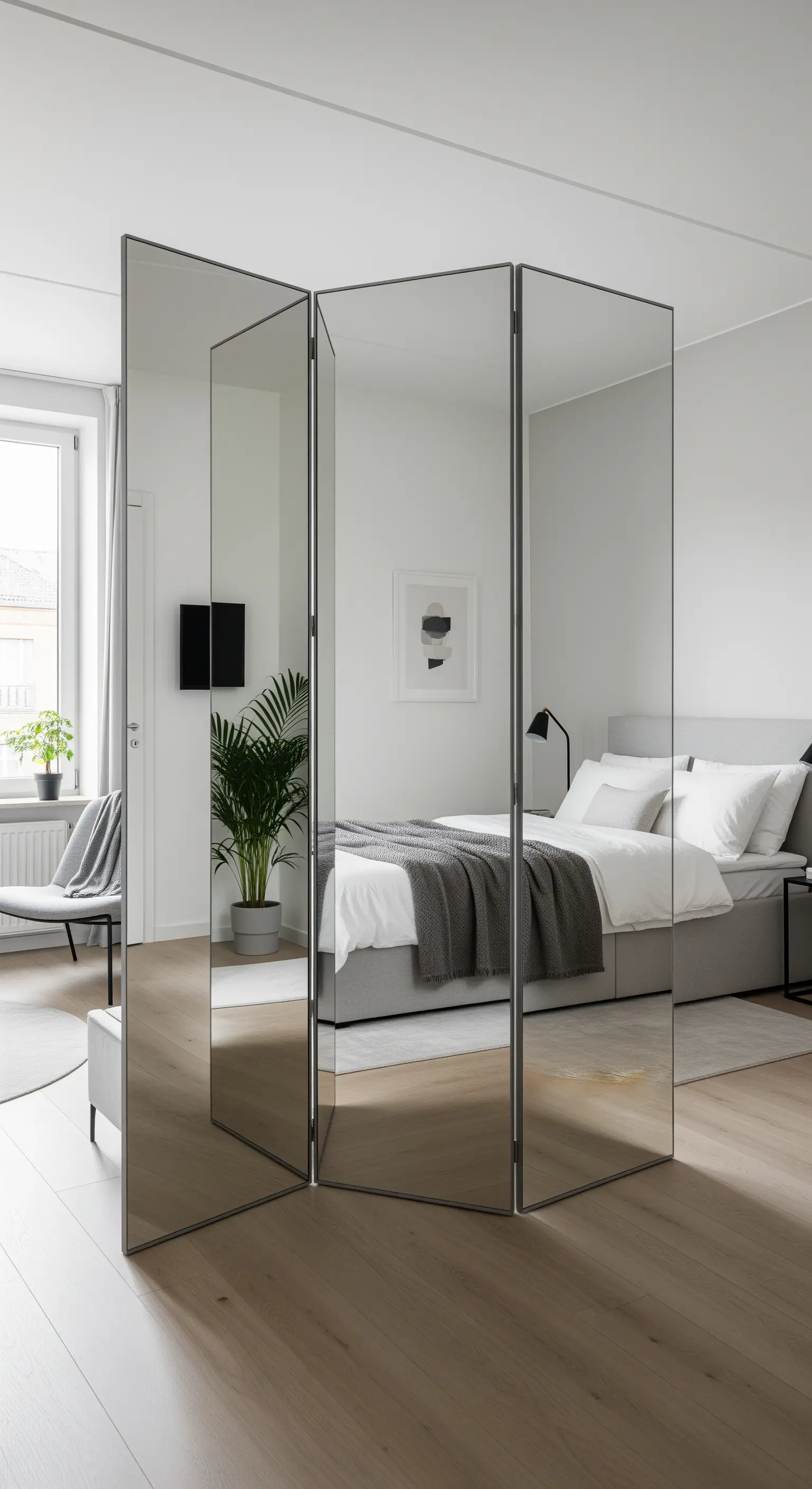 Paravento a tre ante a specchio utilizzato come divisorio in una camera da letto moderna.