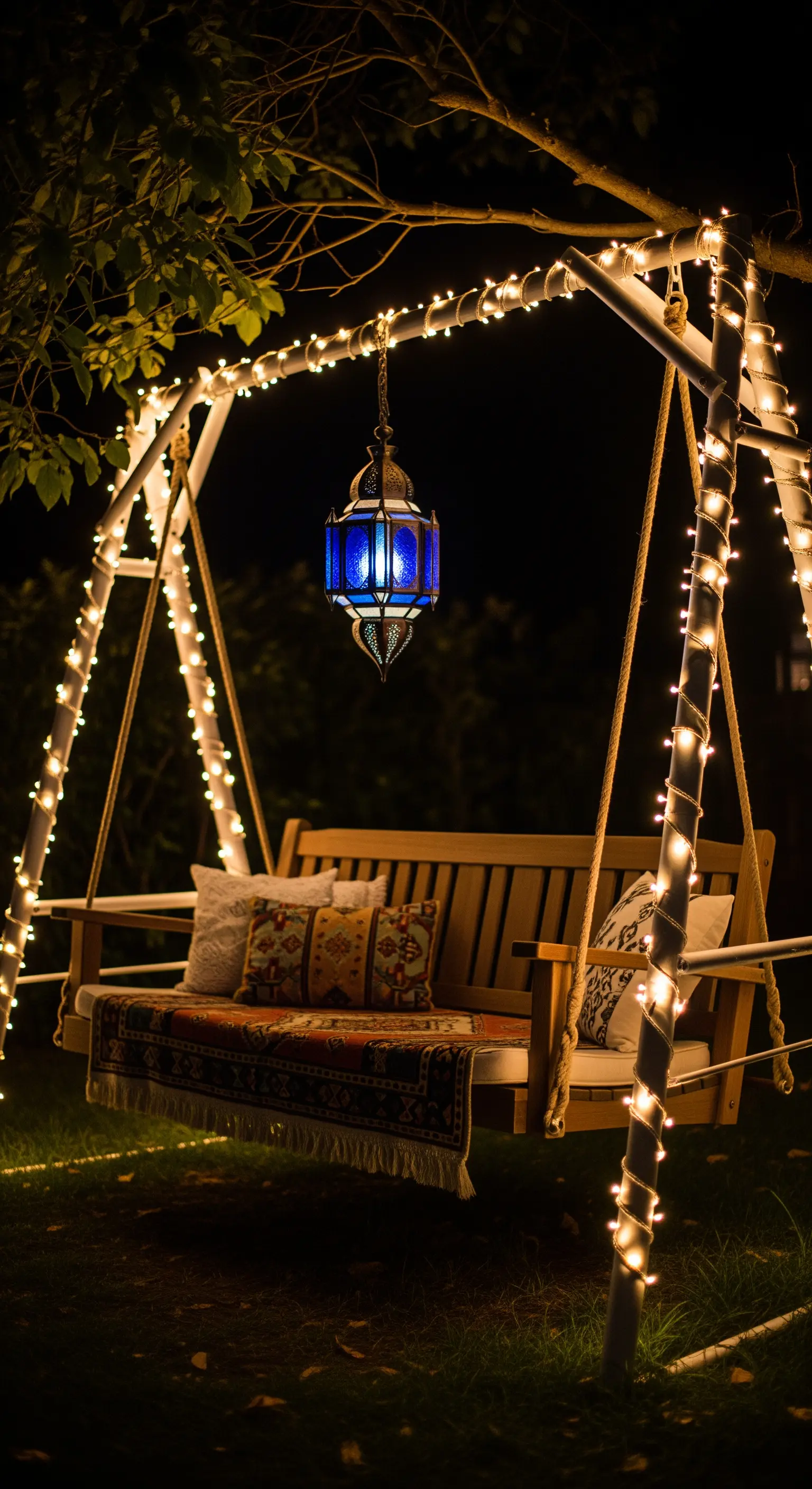 Dondolo in legno illuminato da lucine e con una lanterna marocchina blu sospesa.