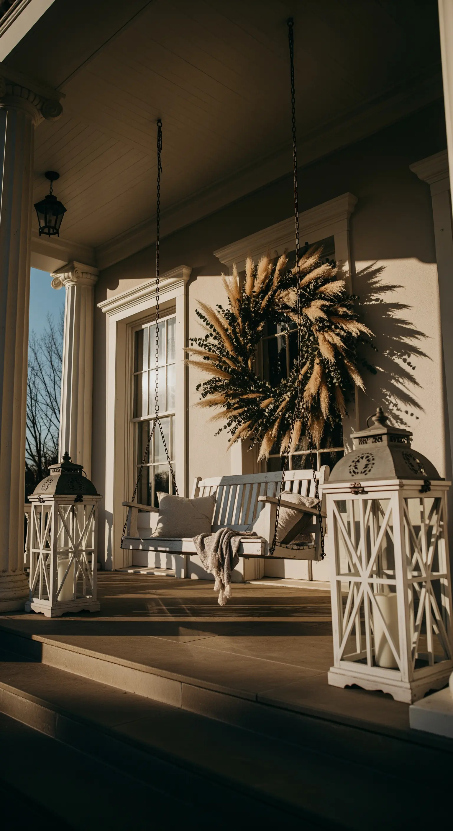 Dondolo bianco appeso in veranda, incorniciato da una grande ghirlanda di pampas e lanterne.