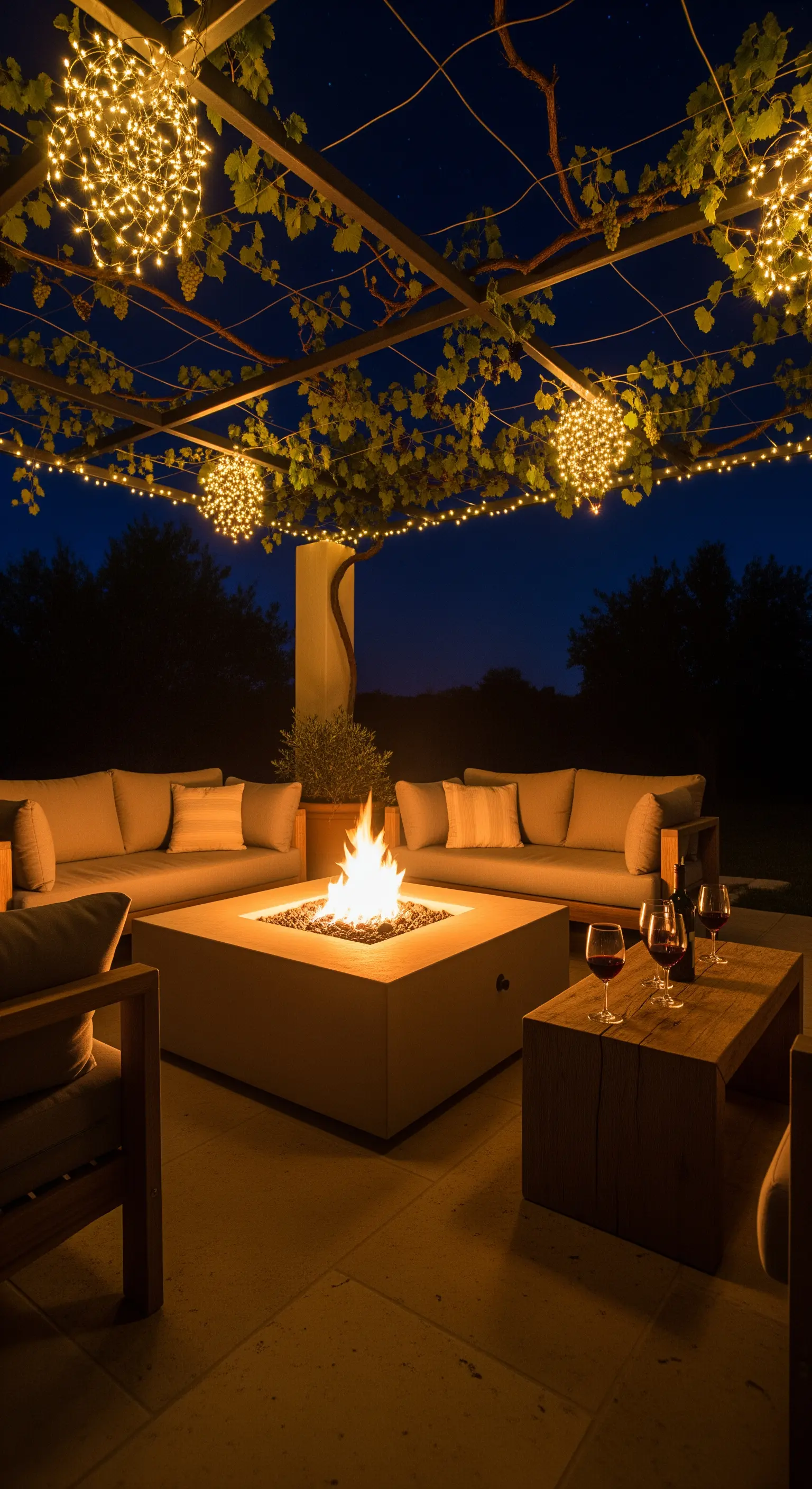 Lounge esterno di notte con braciere acceso e sfere di lucine appese al pergolato
