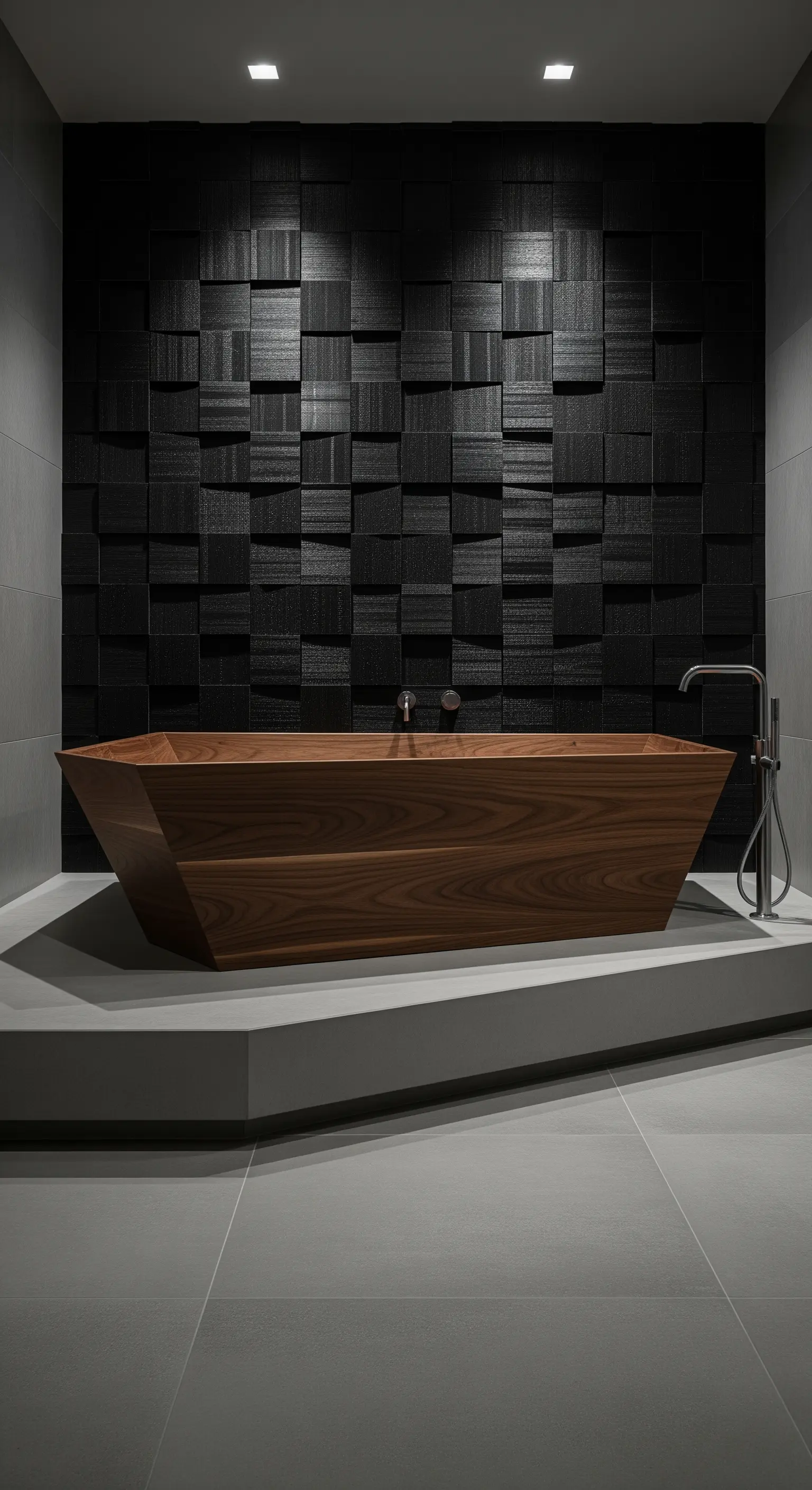 Vasca in legno scuro di design davanti a una parete nera con piastrelle 3D.