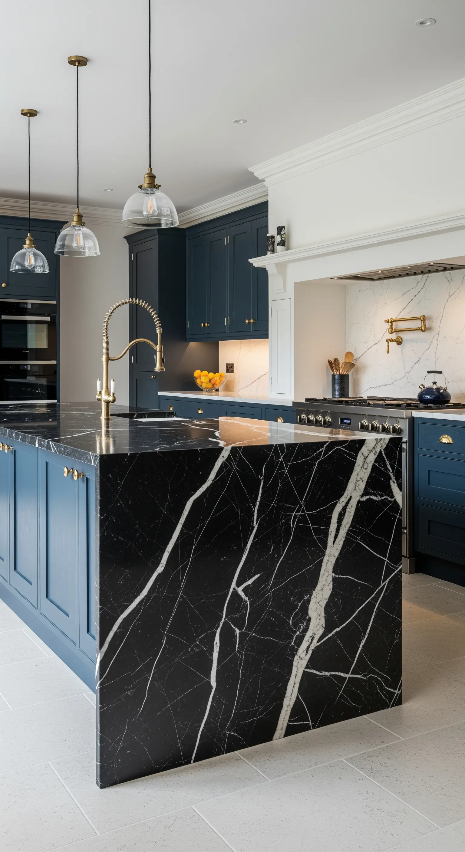 Isola a cascata in marmo nero con venature bianche in una cucina con mobili blu scuro e dettagli ottone.