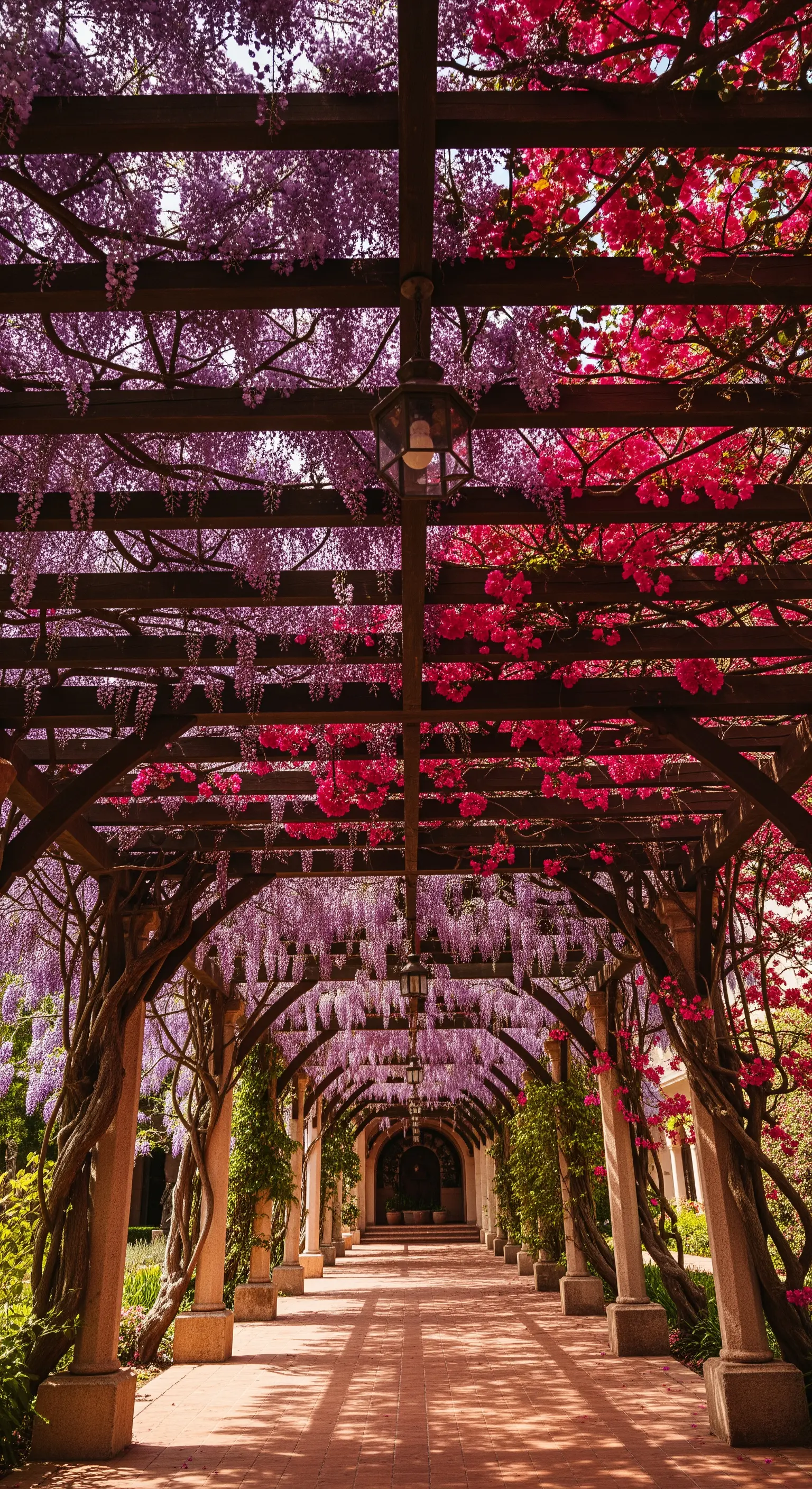 Lungo pergolato in legno coperto da glicine viola e bouganville fucsia rampicanti.