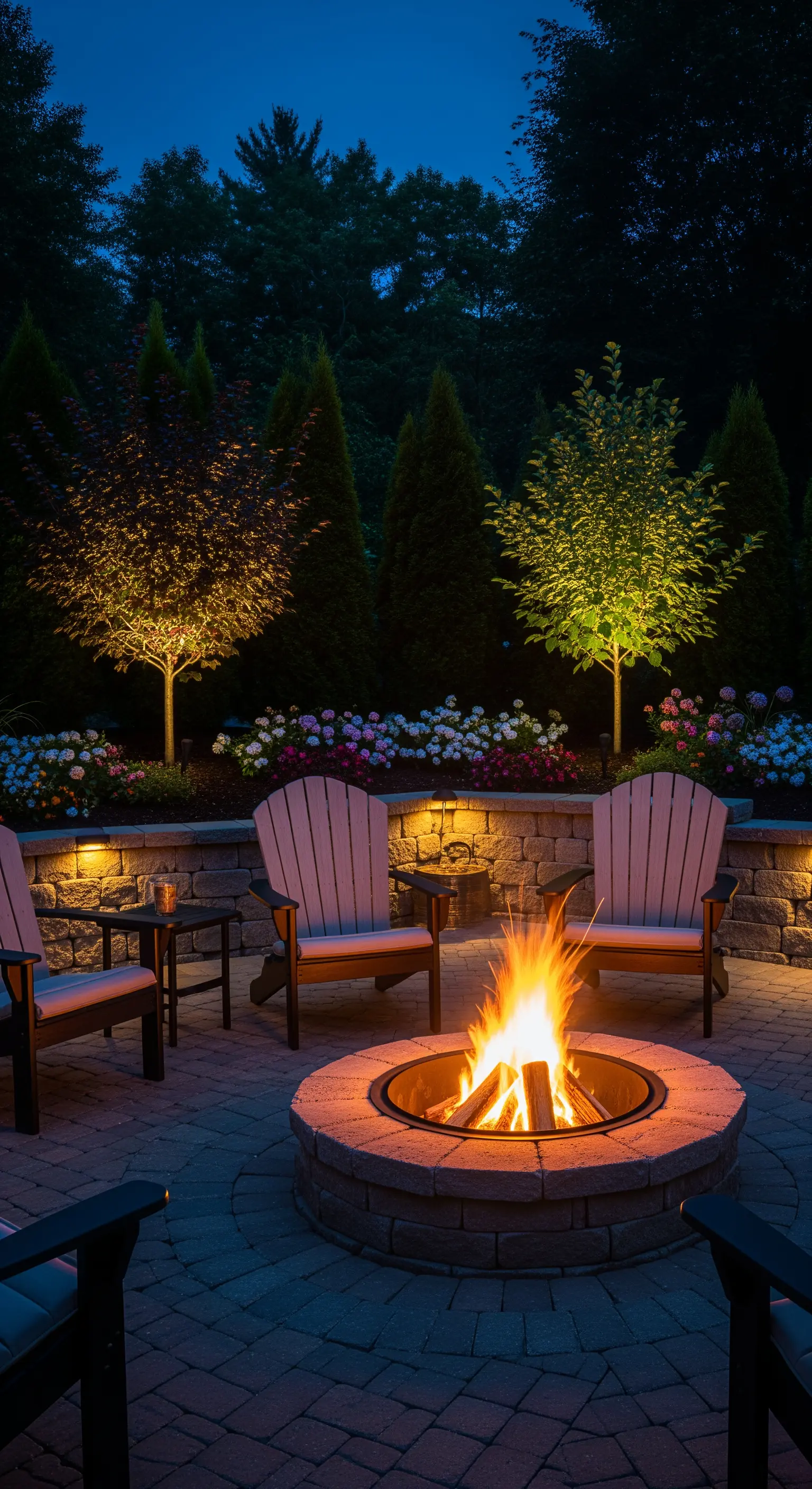 Patio con braciere acceso, sedie Adirondack e faretti che illuminano gli alberi.