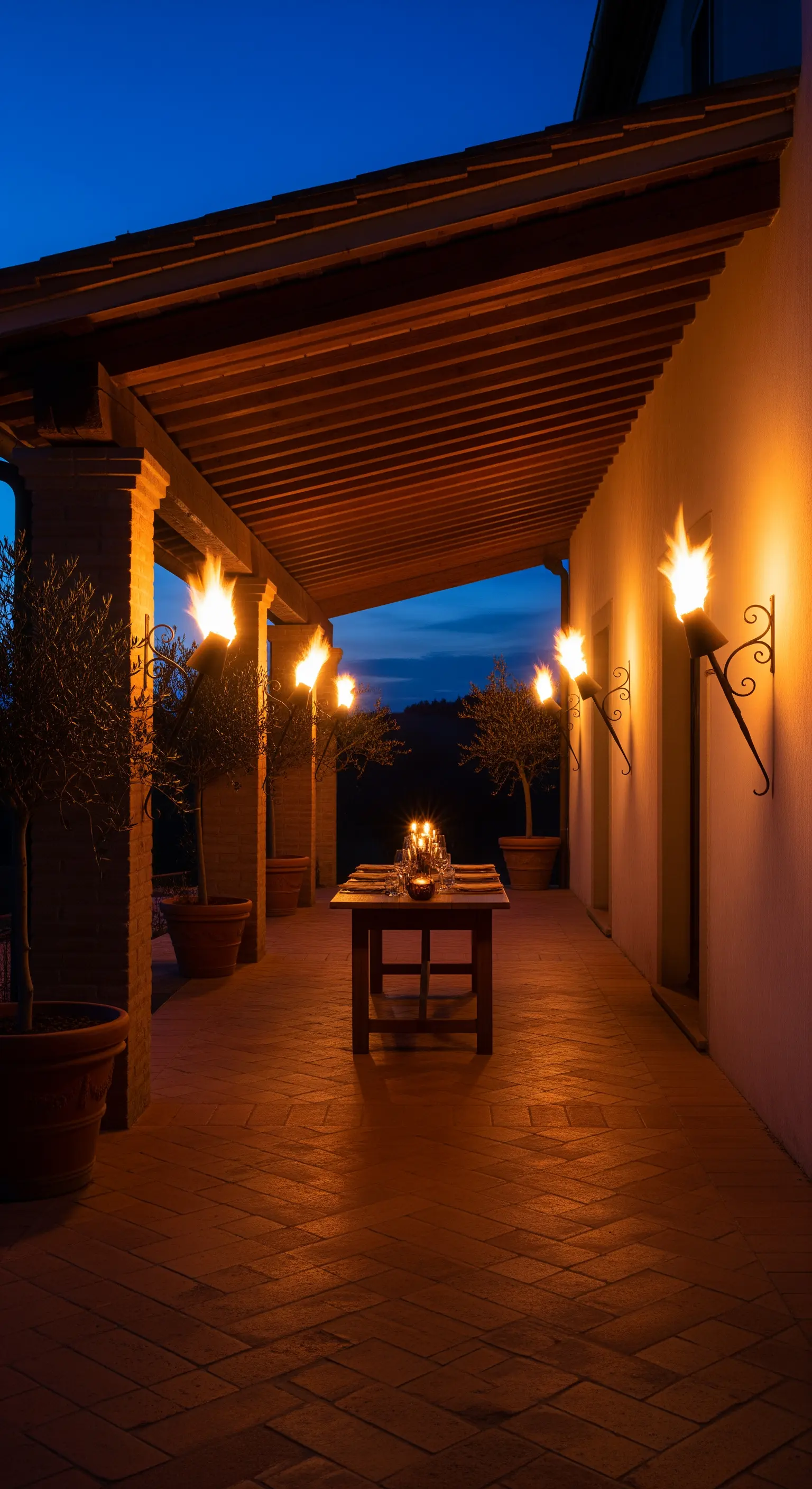 Portico di notte illuminato da torce a muro che proiettano una luce calda.