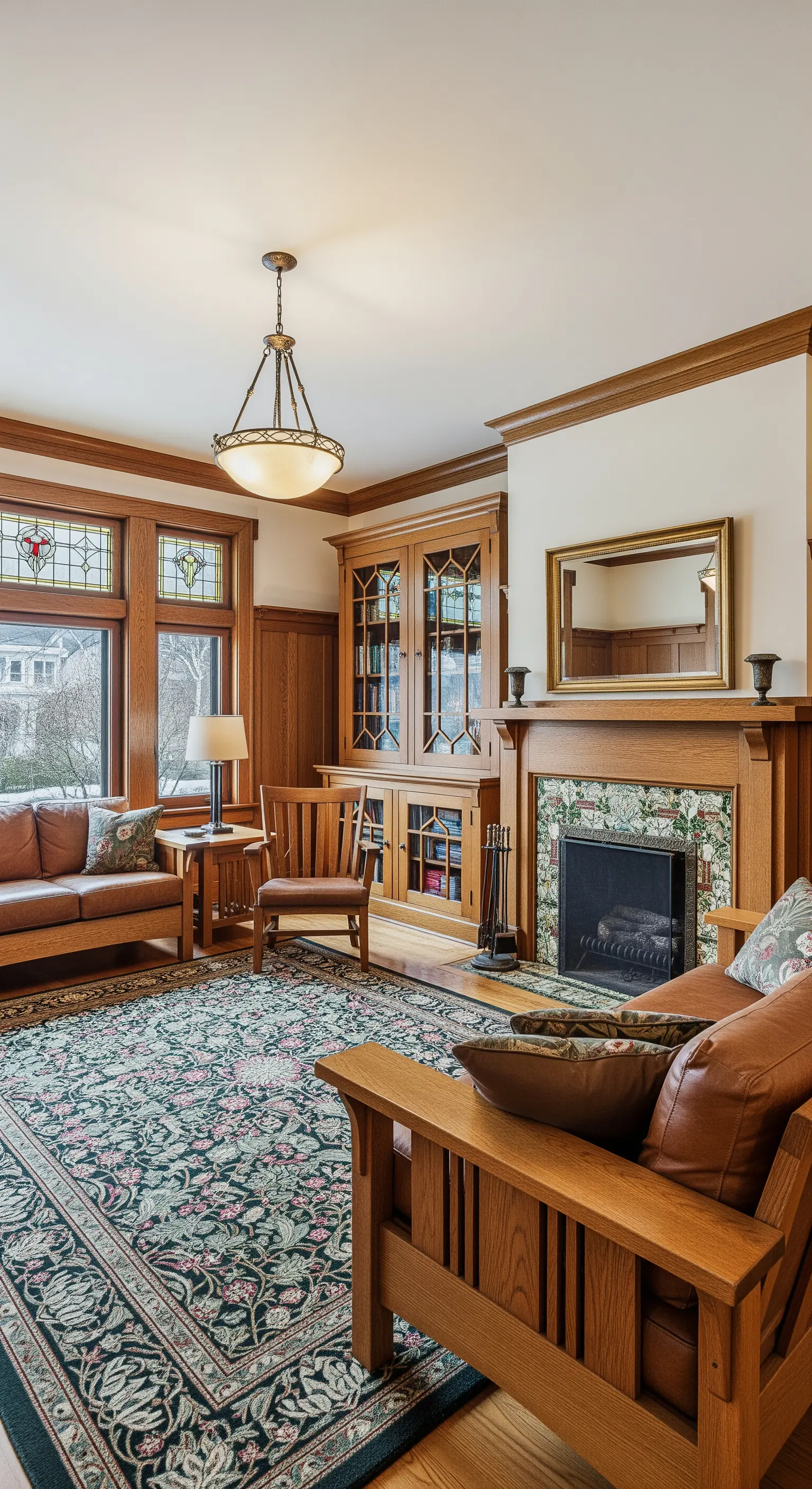 Soggiorno Arts and Crafts con mobili in rovere, vetrate colorate e camino con piastrelle decorate.