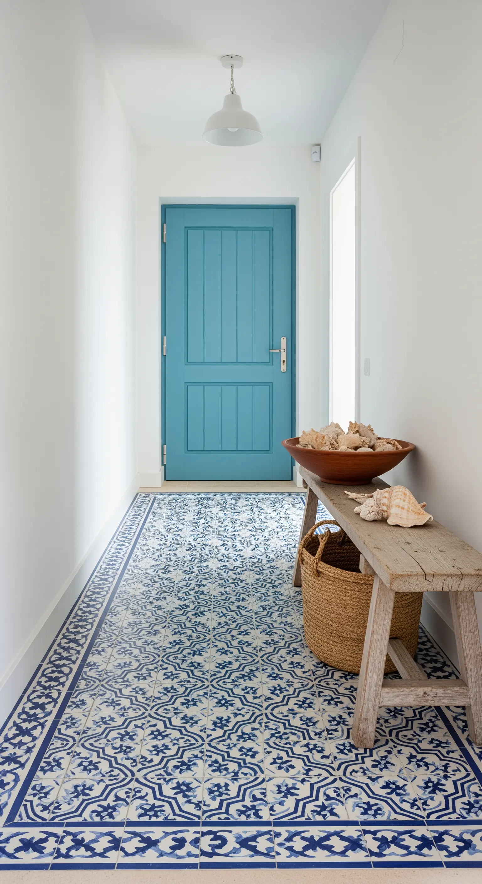 Ingresso con pavimento a maiolica bianca e blu e porta d'ingresso azzurra.