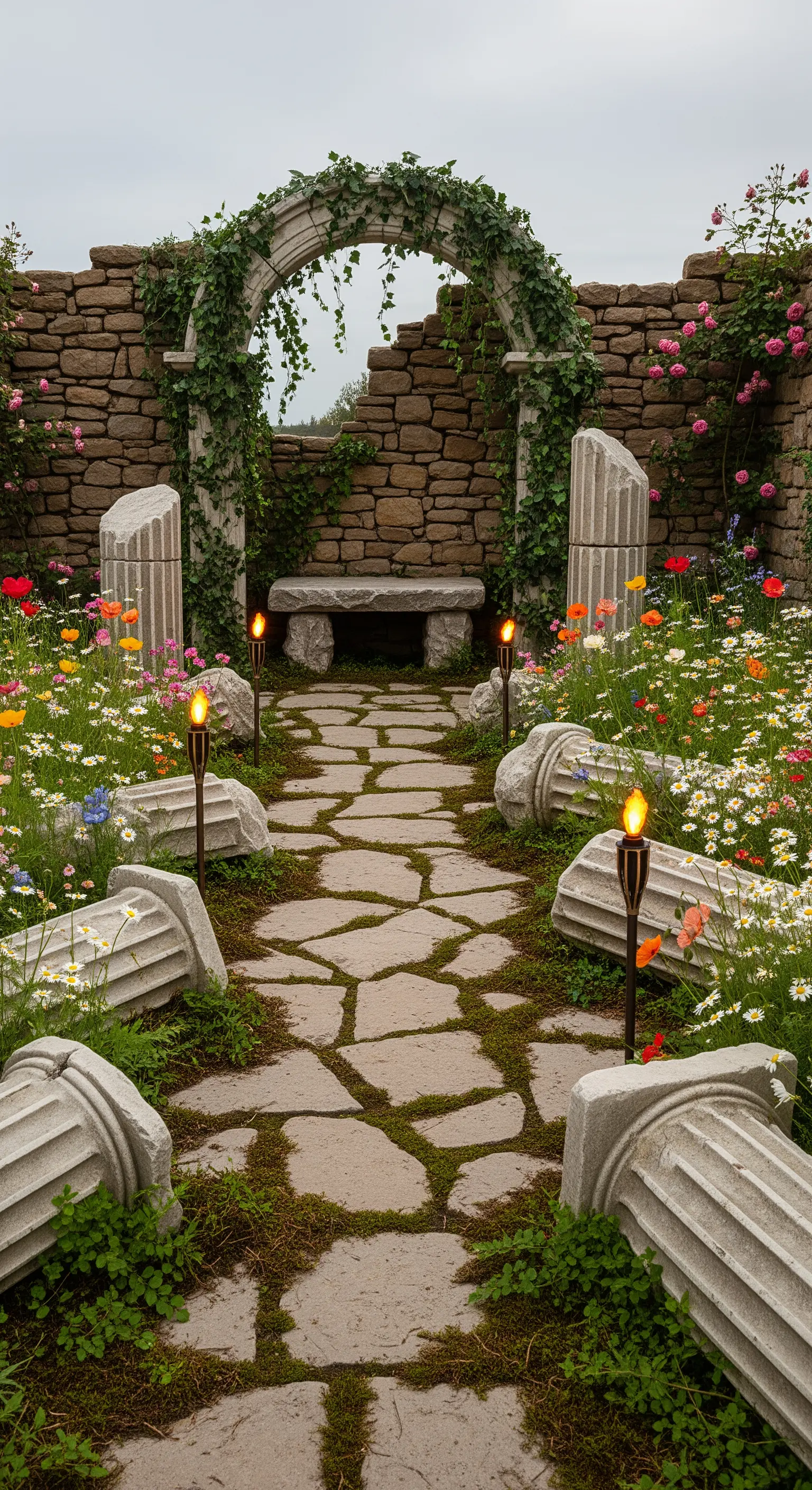 Giardino con finte rovine in pietra, colonne spezzate, fiori di campo e un sentiero illuminato da torce