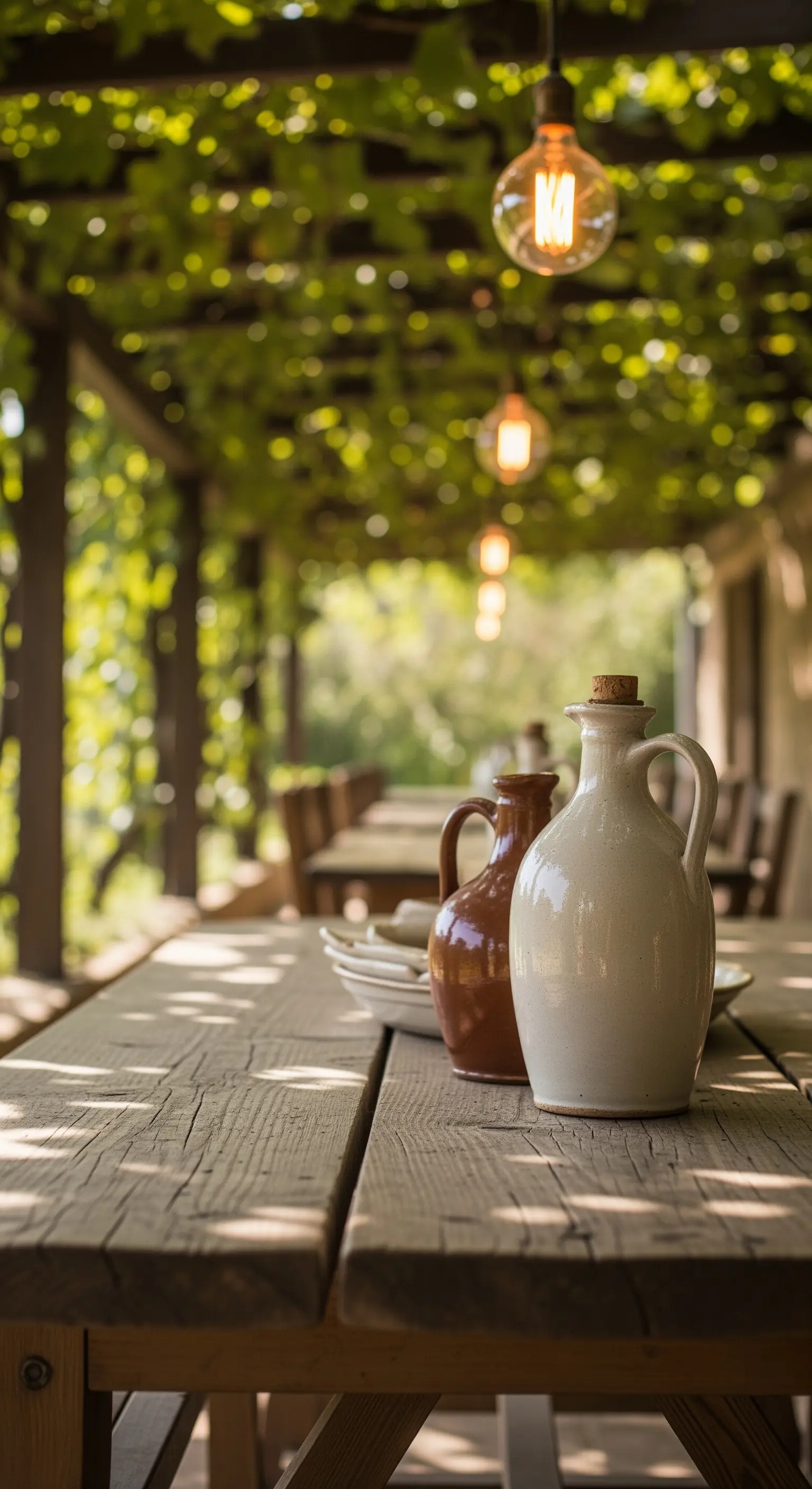 Primo piano di brocche in ceramica su un tavolo di legno rustico sotto un pergolato