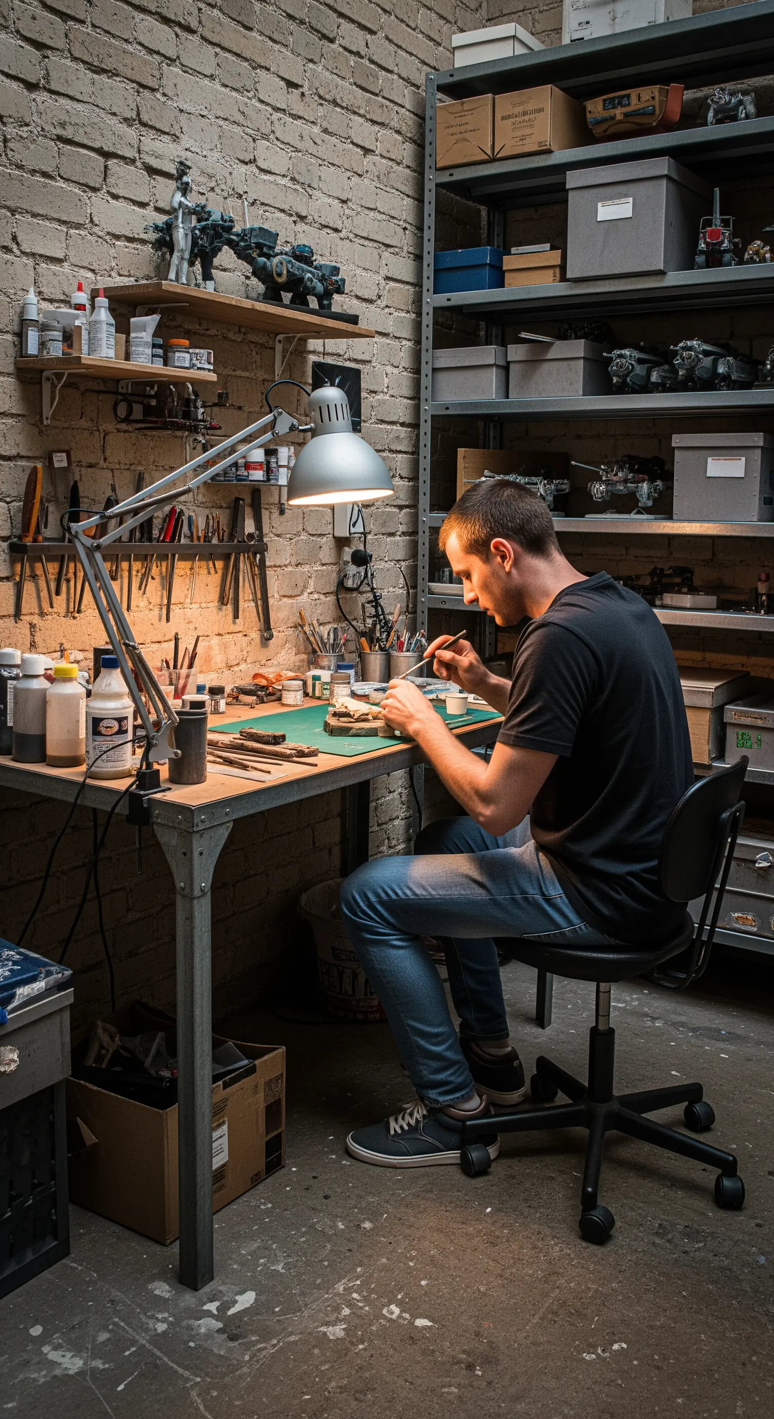 Laboratorio artigianale con scaffalature metalliche e tavolo da lavoro pieno di attrezzi.