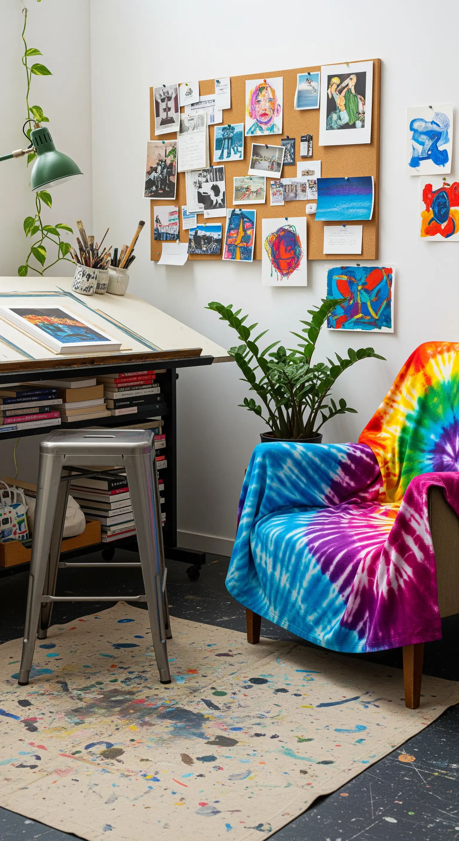 Angolo studio con tavolo da disegno, poltrona con coperta tie-dye e bacheca di sughero.