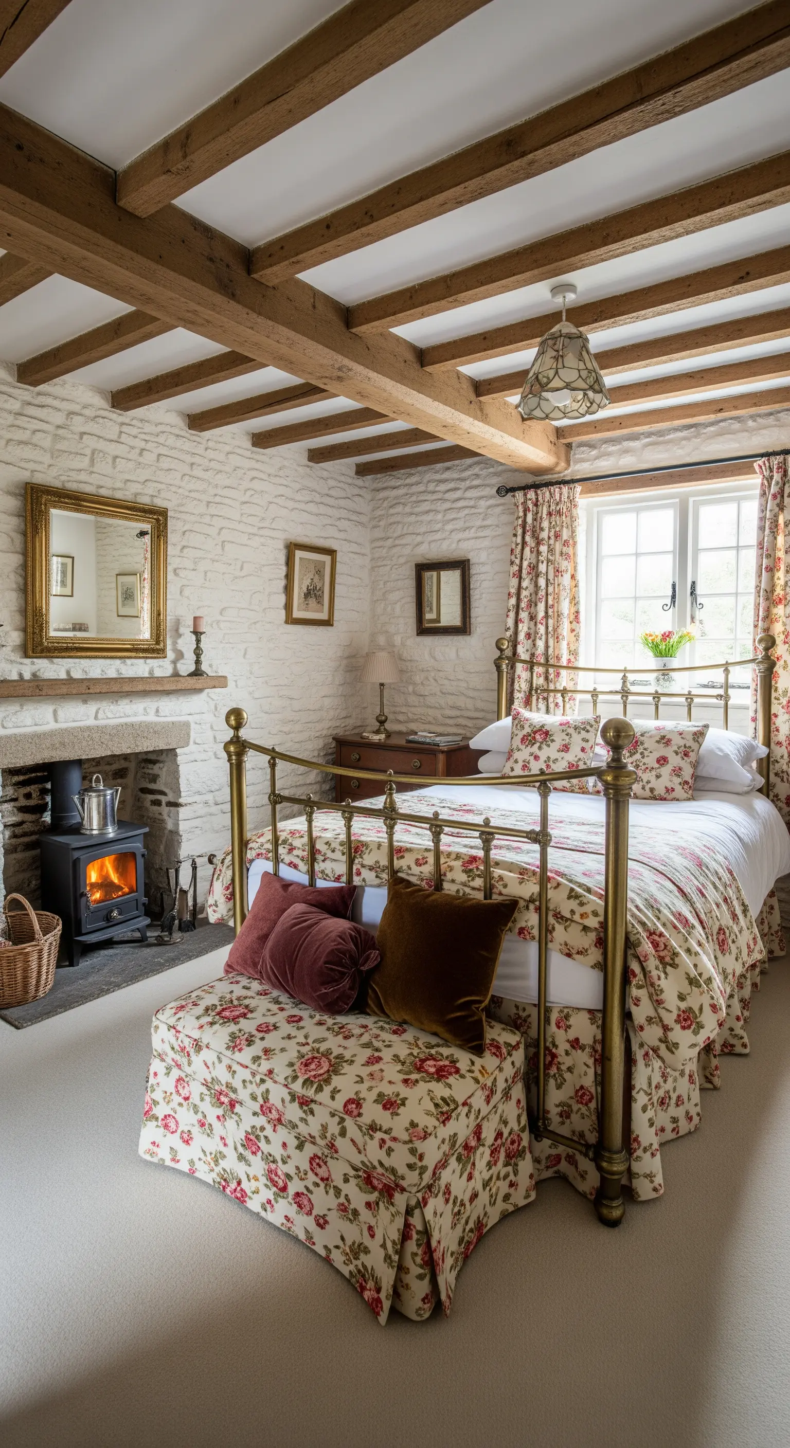 Camera da letto in stile cottage con letto in ottone, tessuti floreali e camino in pietra.