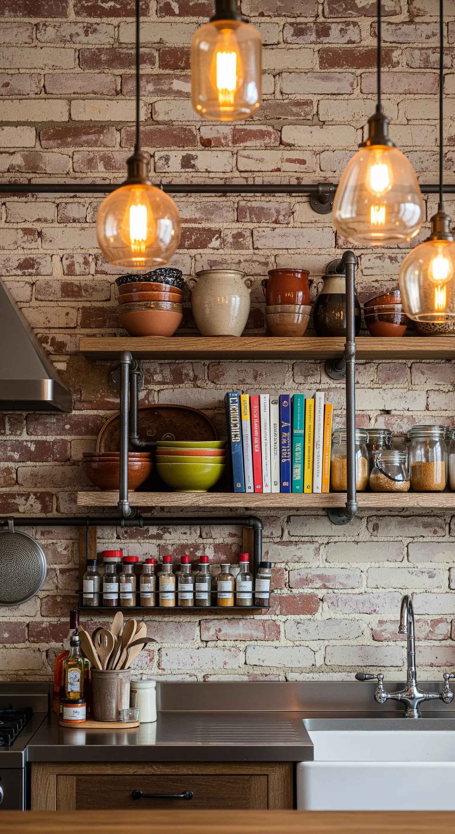 Mensole in stile industriale realizzate con tubi idraulici e legno di recupero.