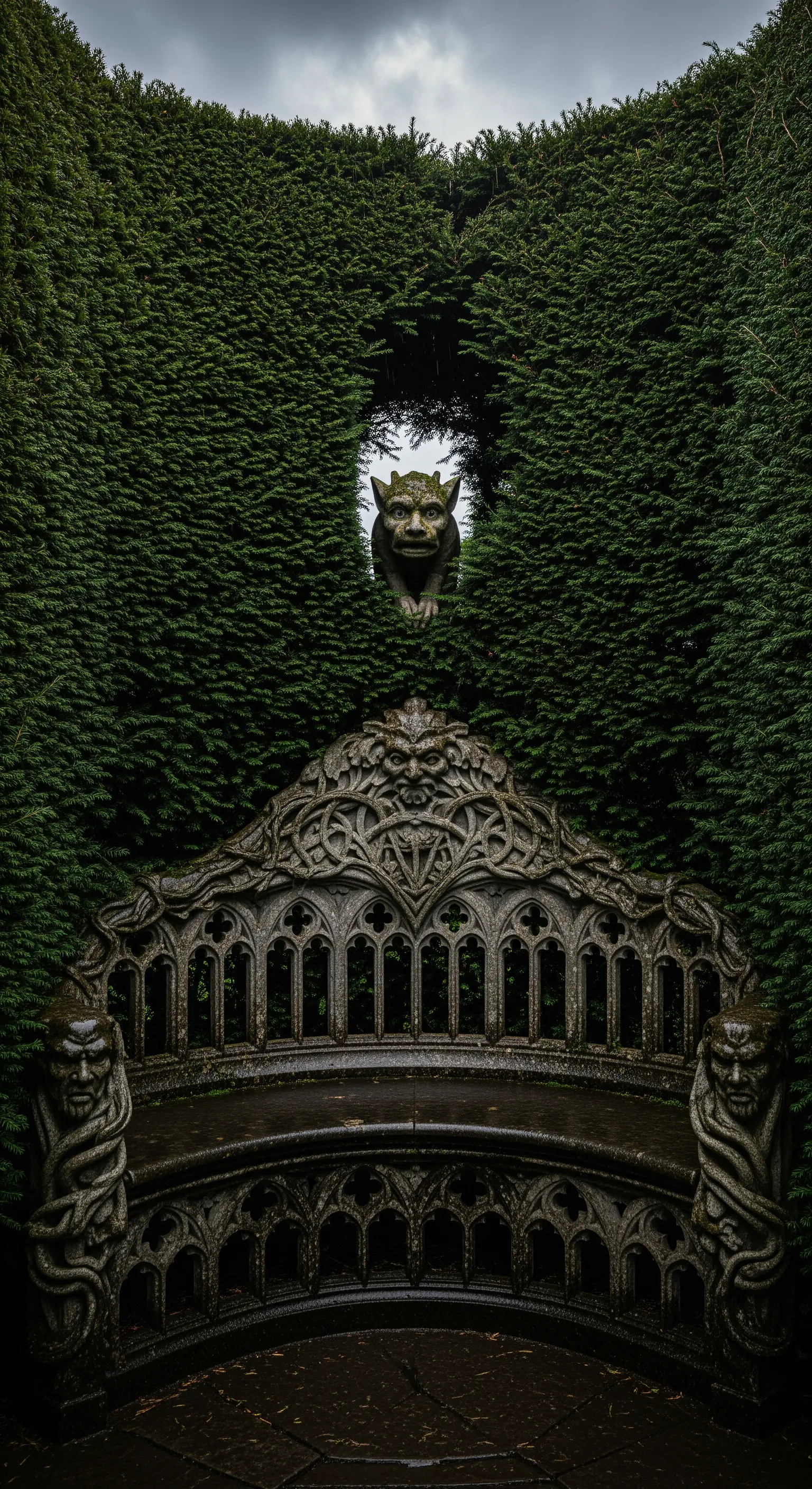 Panchina gotica in pietra scolpita con gargoyle, incastonata in un'alta e fitta siepe scura.