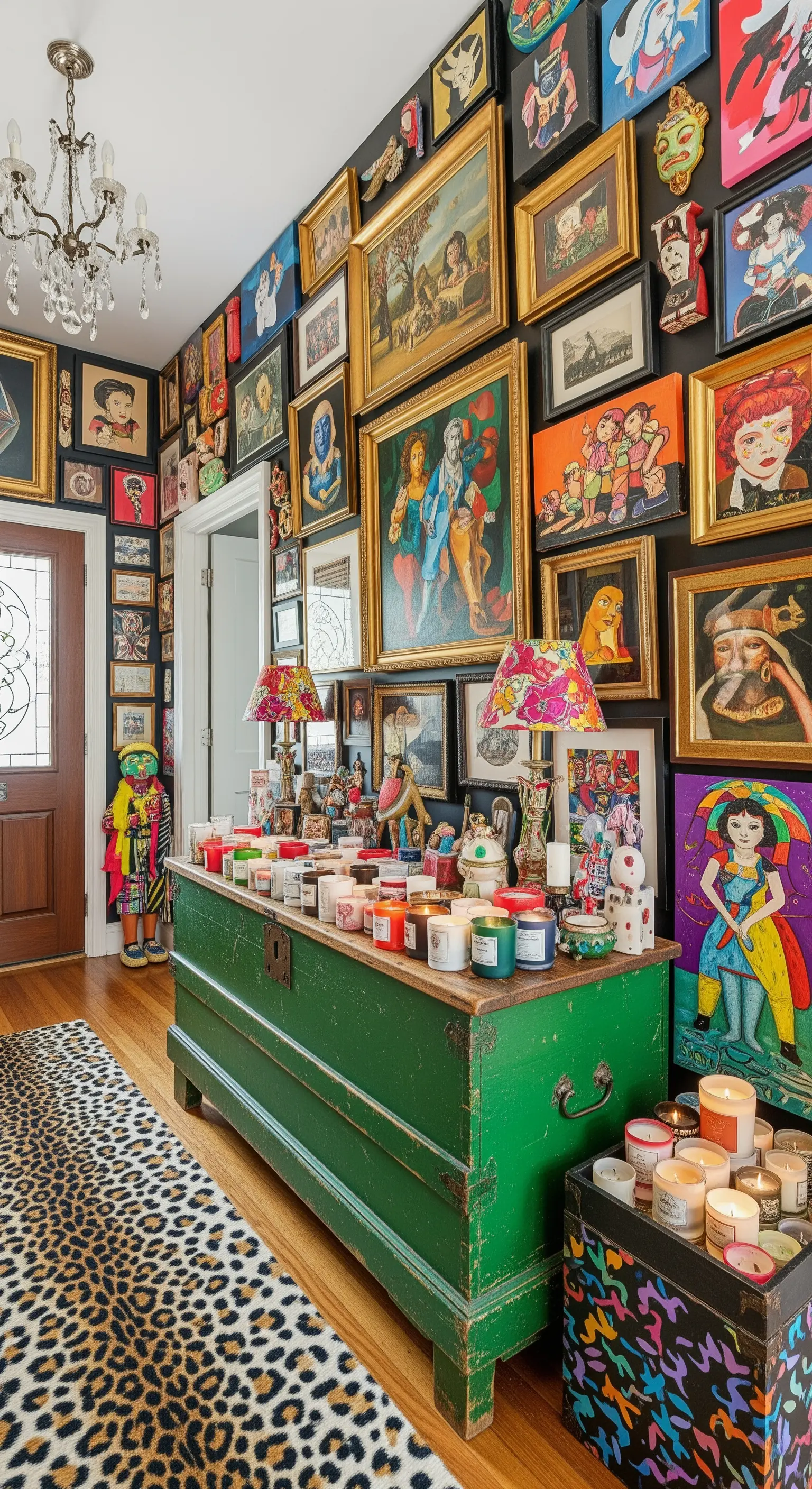 Ingresso massimalista con parete interamente coperta di quadri, cassapanca verde e tappeto leopardato.