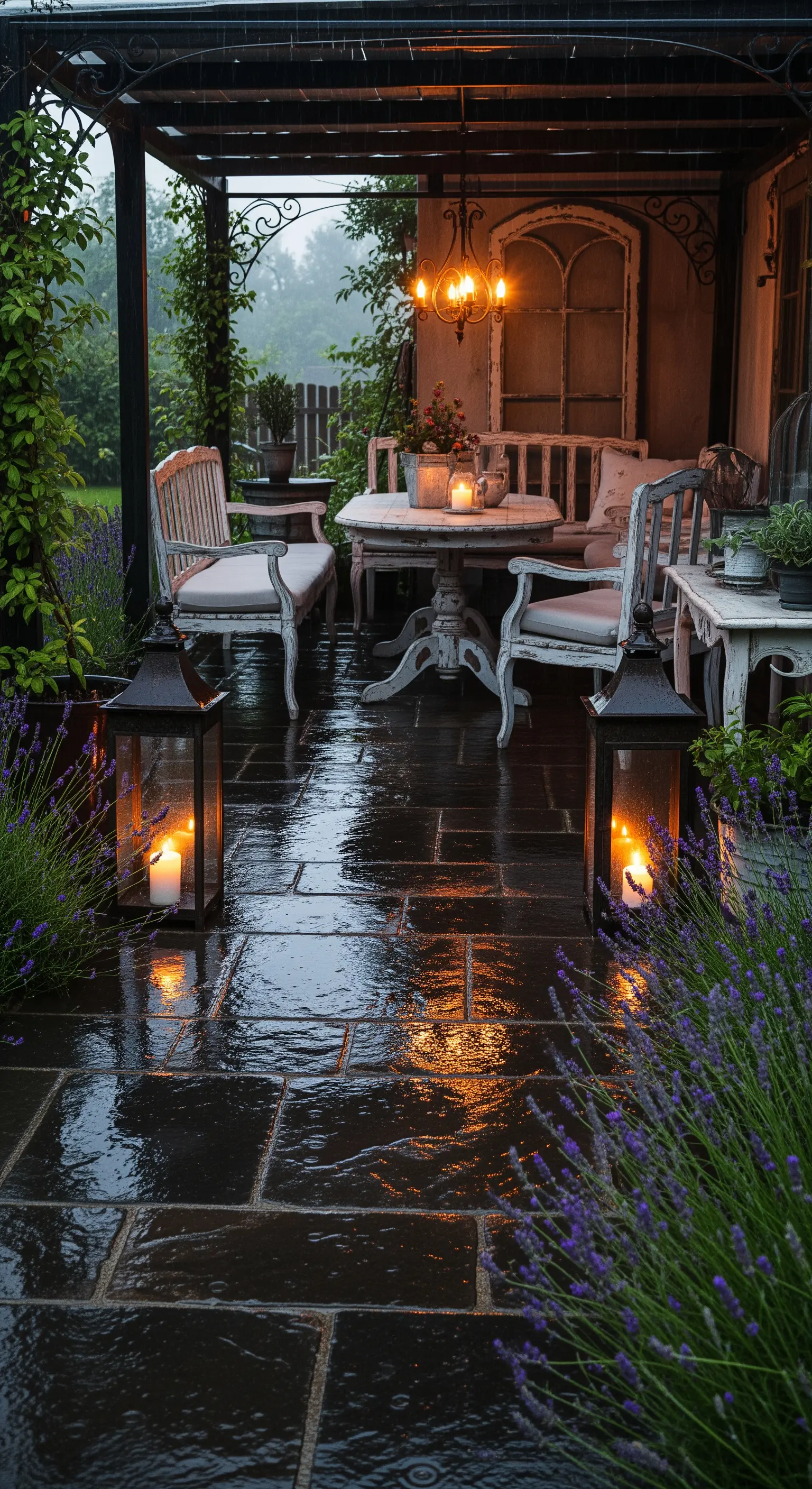 Patio coperto con mobili decapati e lanterne accese durante una giornata di pioggia.