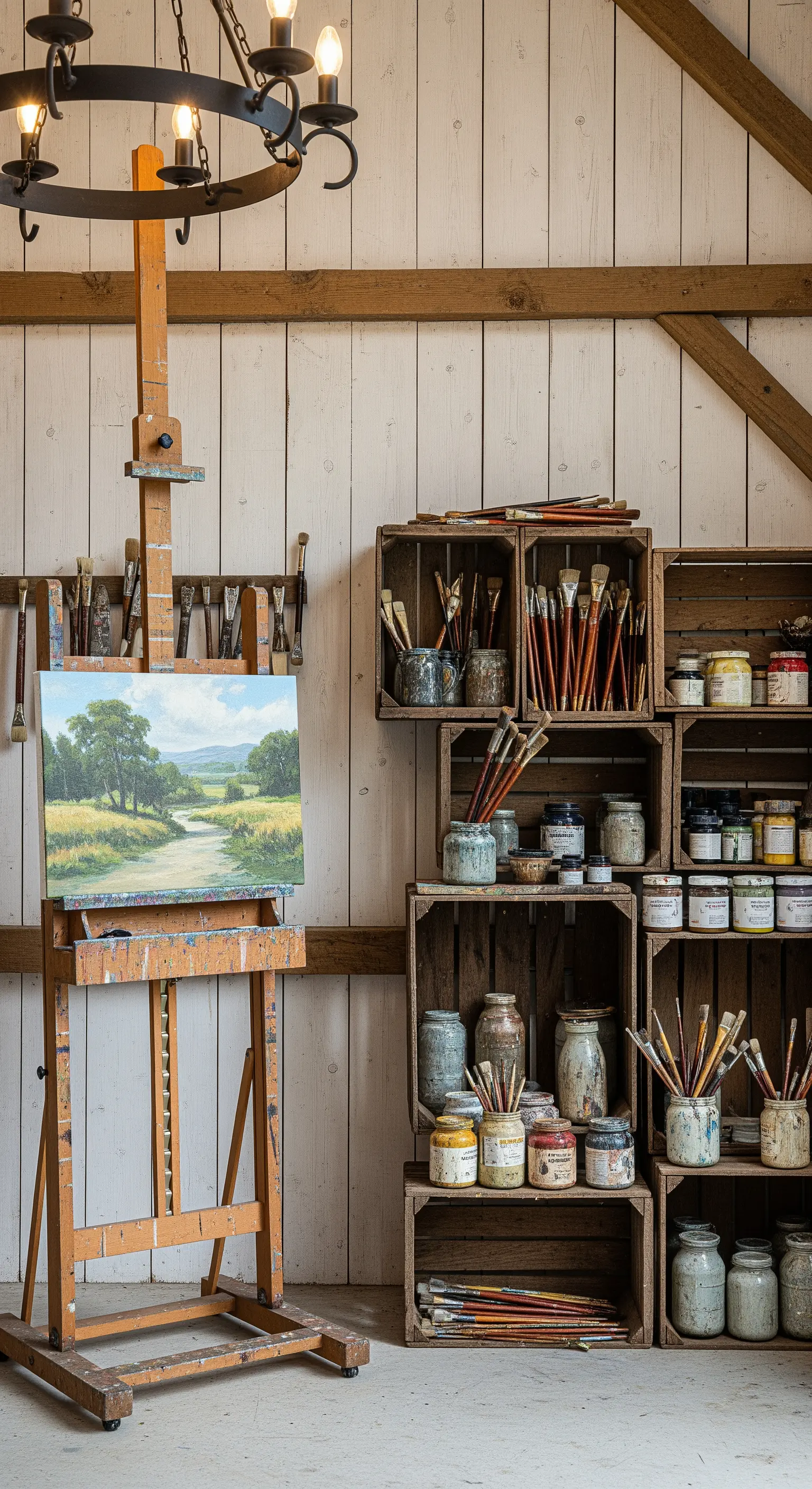 Angolo di pittura rustico con cavalletto e cassette di legno usate come scaffali.