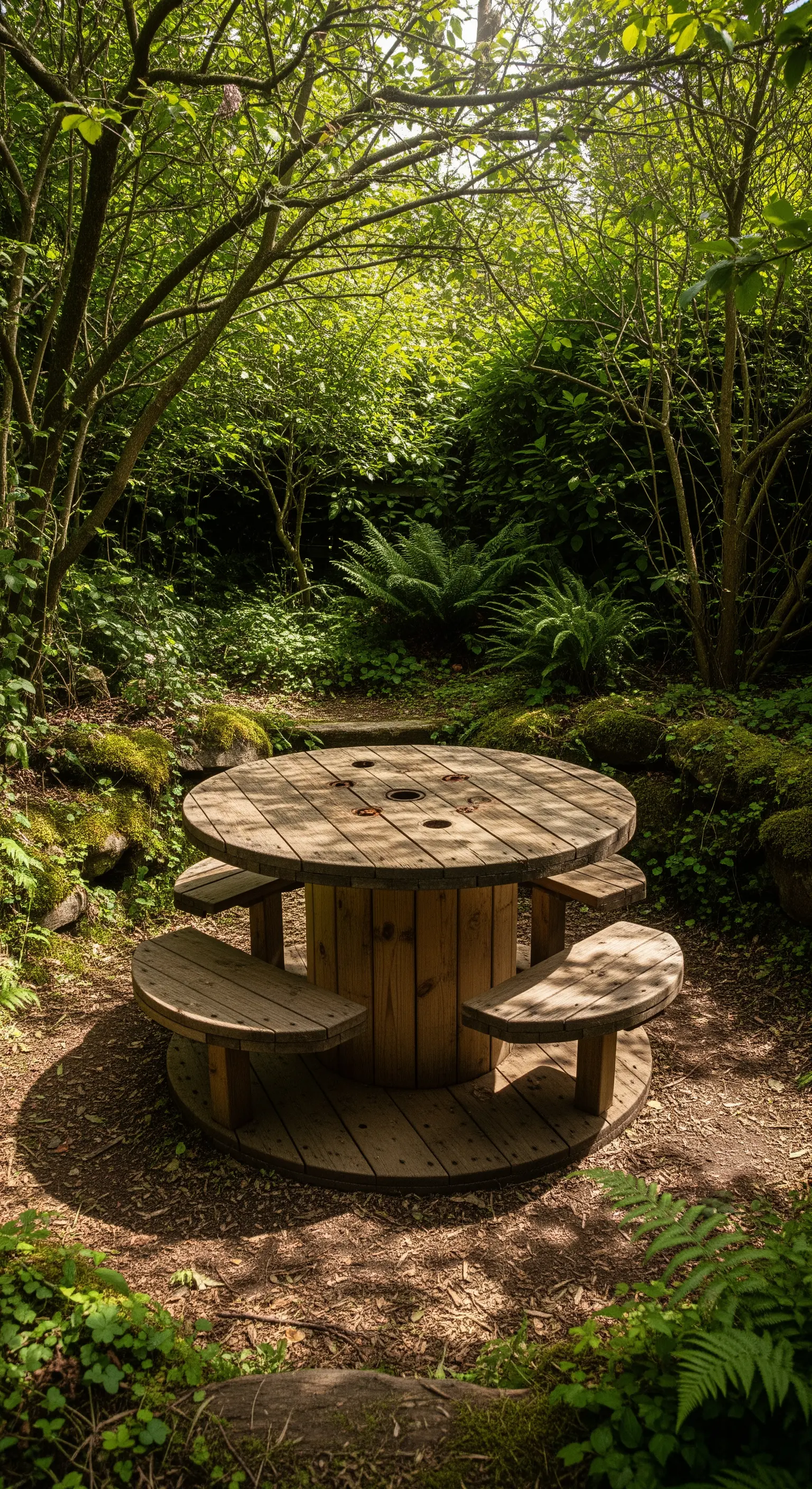 Un grande rocchetto di cavi in legno riutilizzato come tavolo da picnic rustico in un bosco.