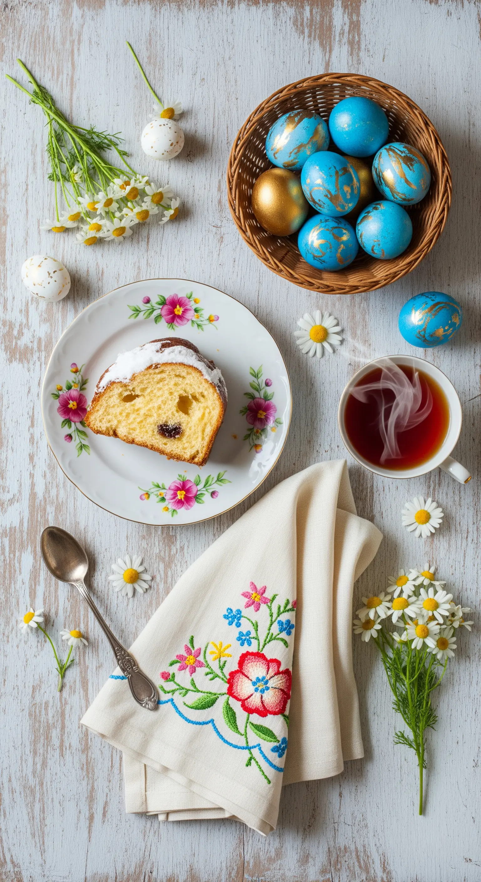 Dettaglio di una colazione pasquale con uova dipinte e tovagliolo ricamato.