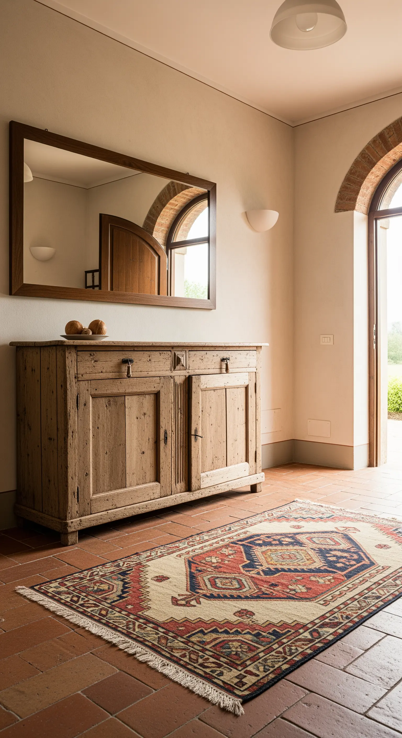 Ingresso rustico con credenza in legno grezzo, specchio semplice e tappeto kilim.