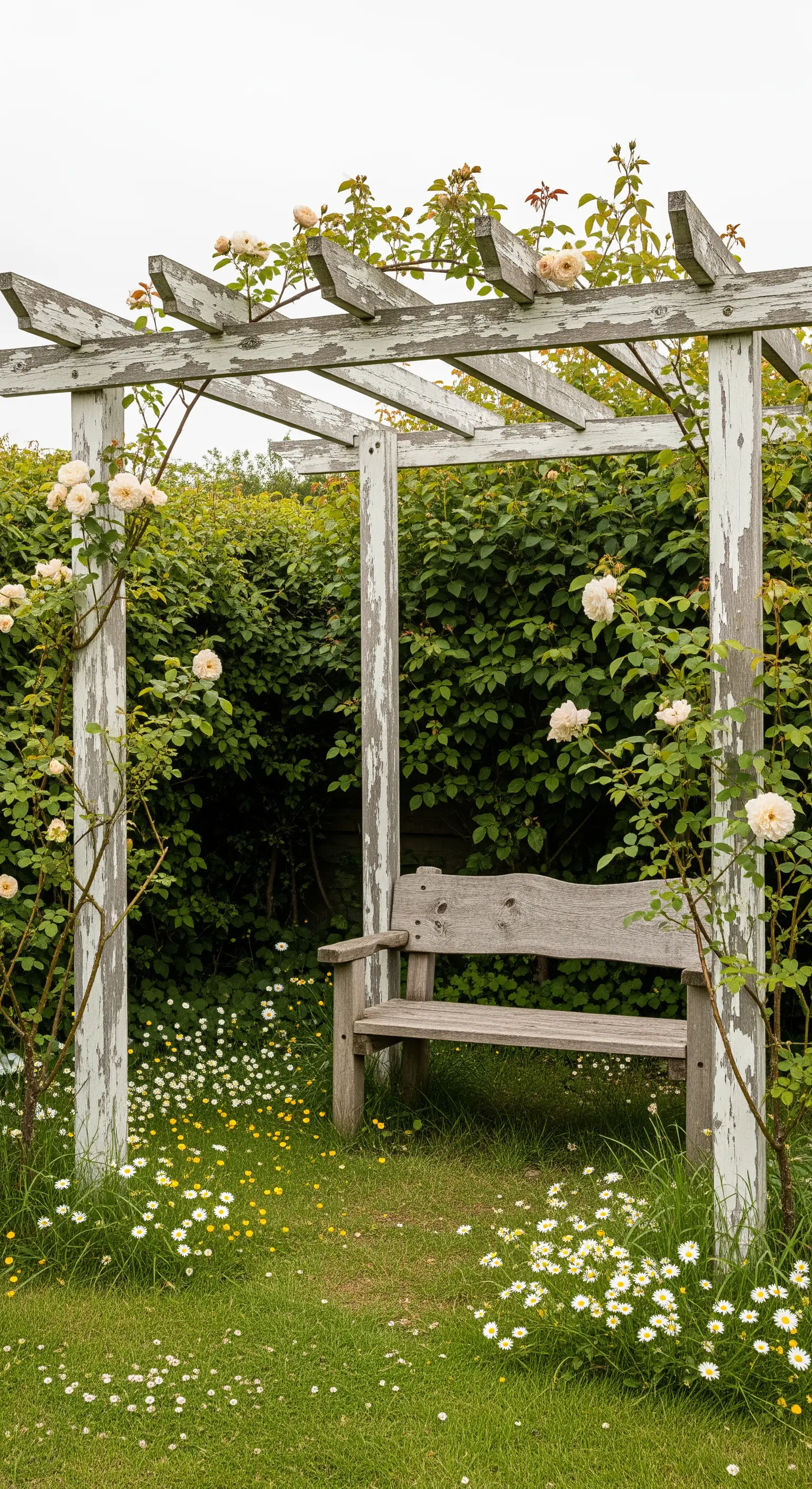Pergola in legno bianco dall'aspetto invecchiato con una panca e rose color crema.