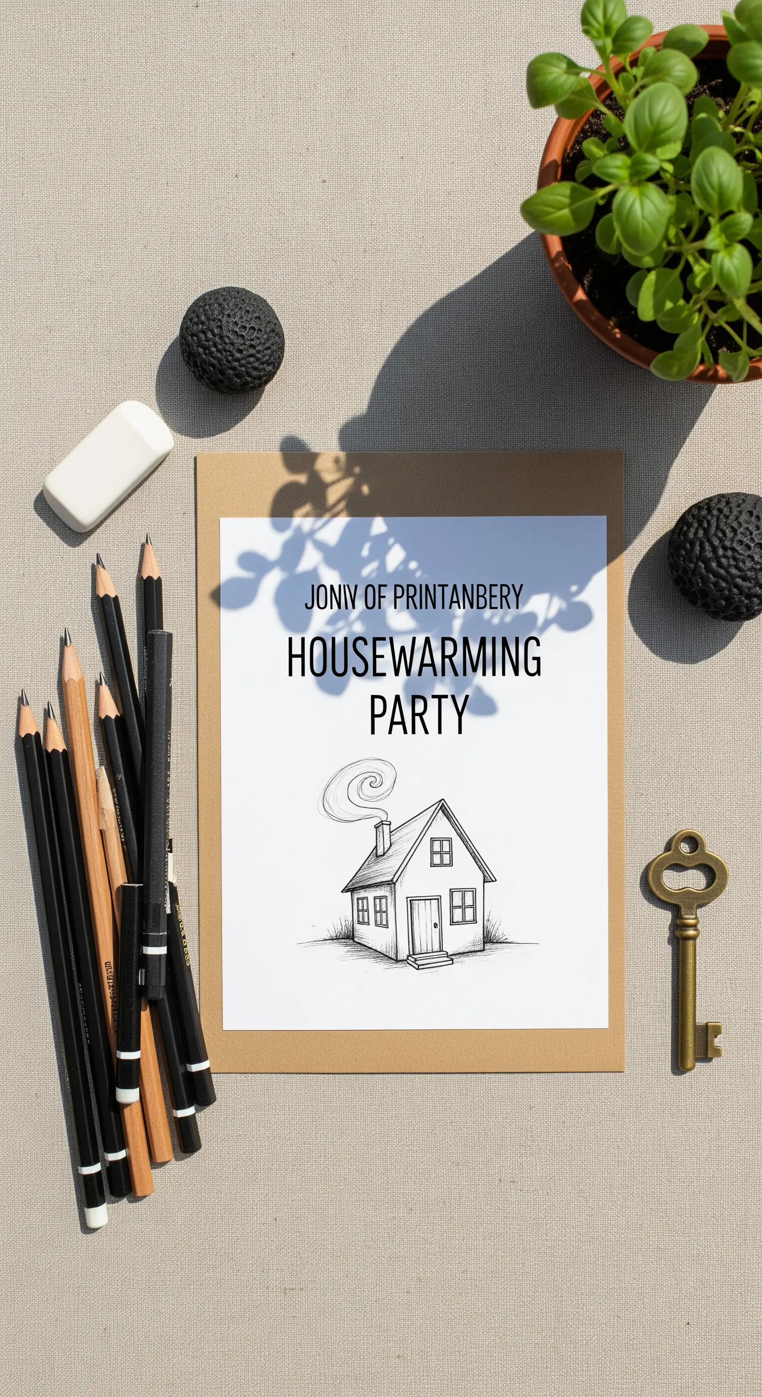 Invito per una festa di inaugurazione con il disegno a matita di una piccola casa.