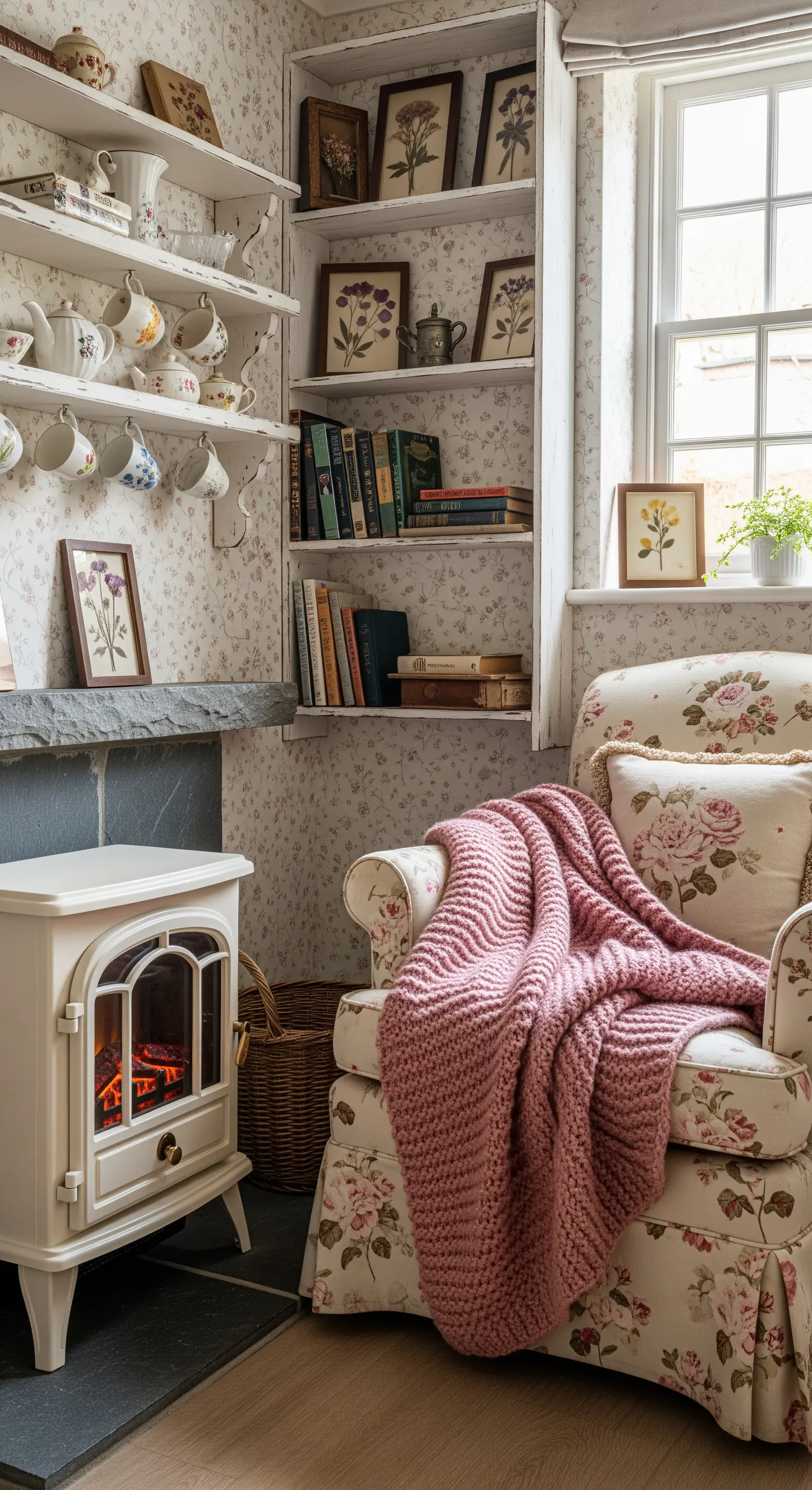 Angolo lettura in stile cottage con carta da parati floreale e poltrona a fiori.