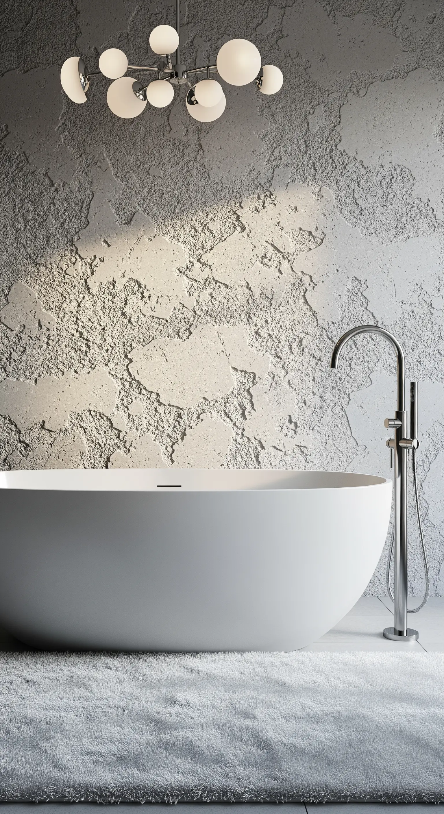 Vasca freestanding bianca davanti a una parete in cemento grezzo e un morbido tappeto bianco.