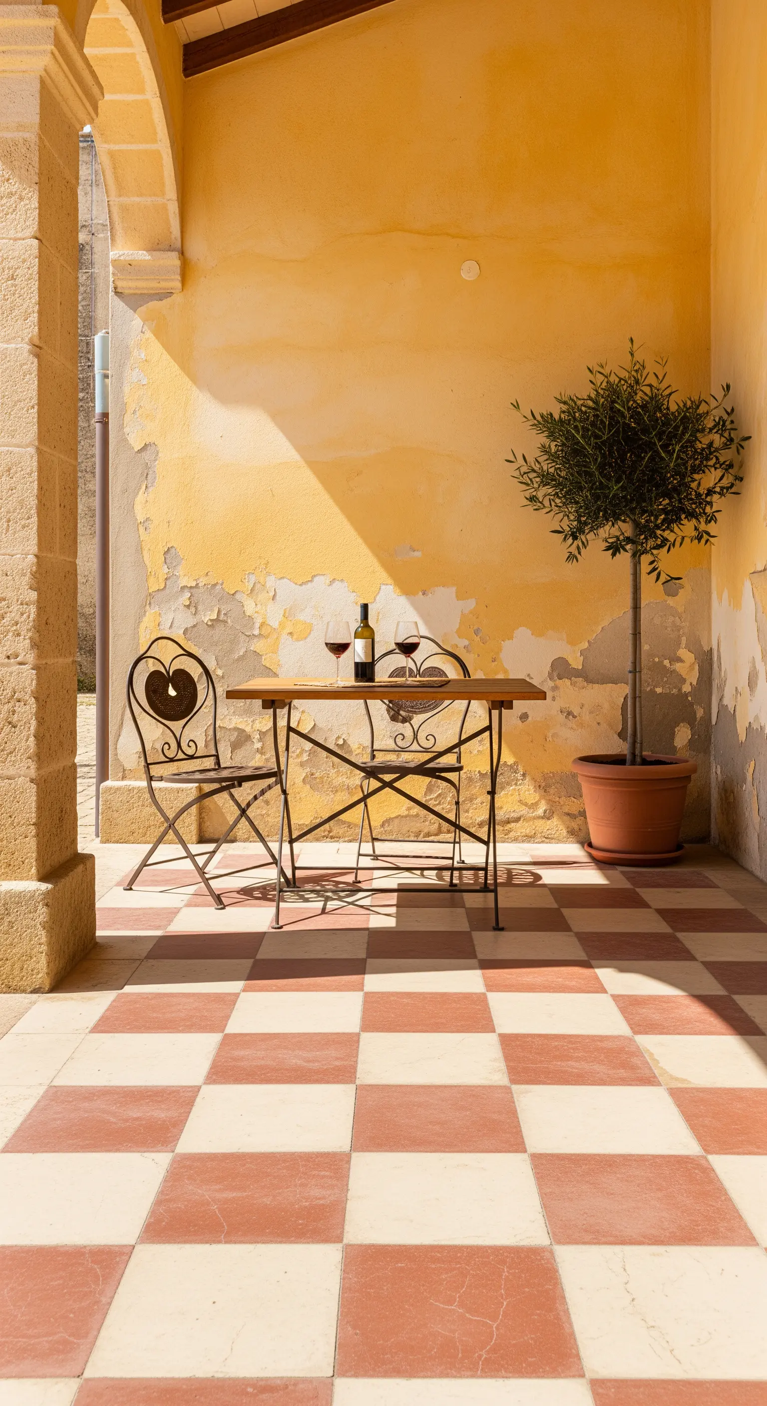 Angolo di un portico con parete gialla scrostata e pavimento a scacchi rossi e bianchi.