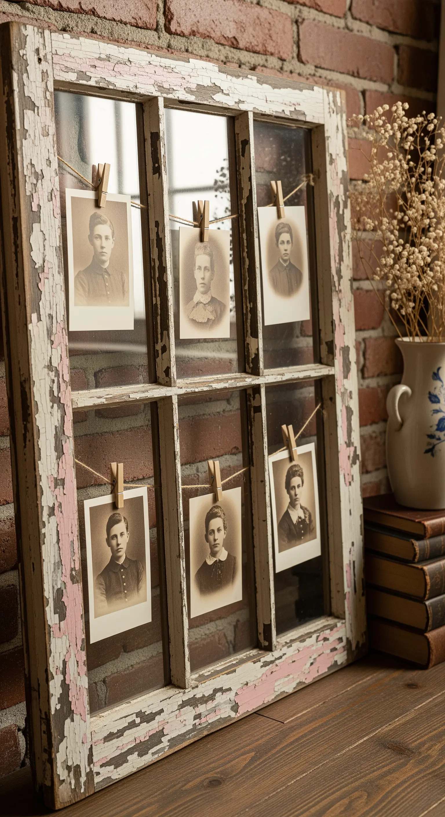 Vecchia finestra bianca con vernice scrostata usata come cornice per foto d'epoca.