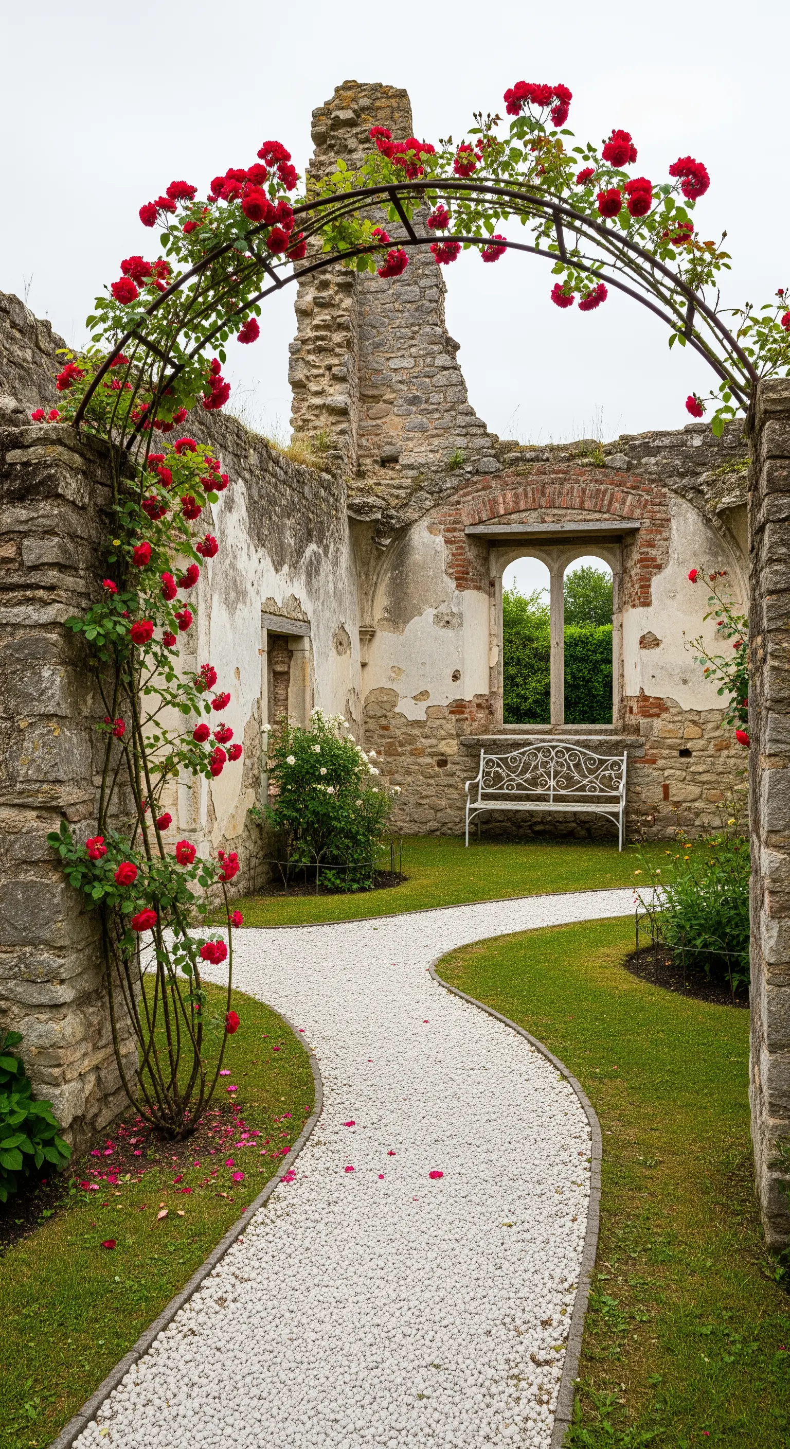 Giardino tra rovine di pietra, con arco di rose rosse, sentiero curvo e panchina bianca.