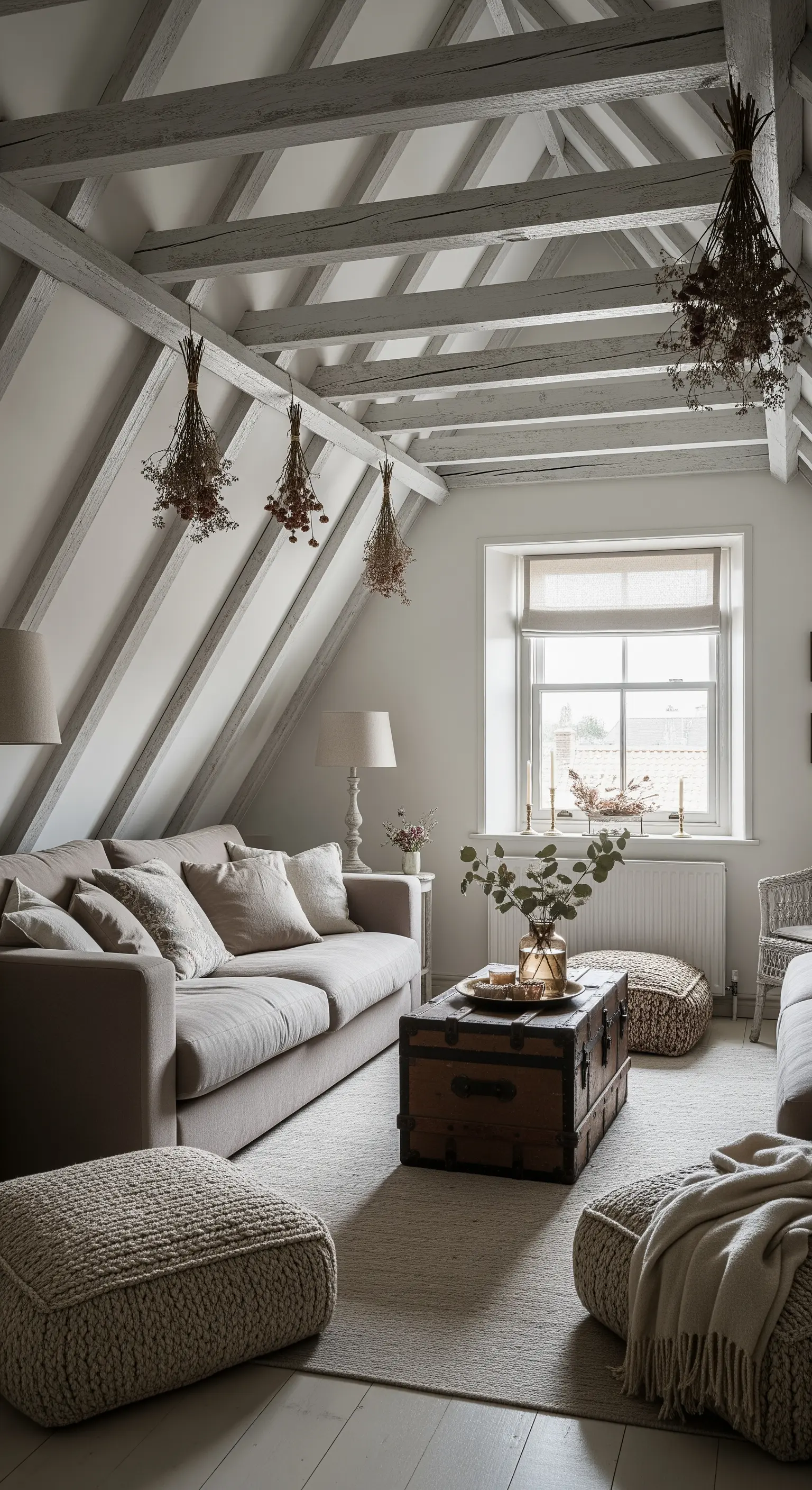Mansarda shabby chic con travi a vista bianche, divano beige e baule vintage.