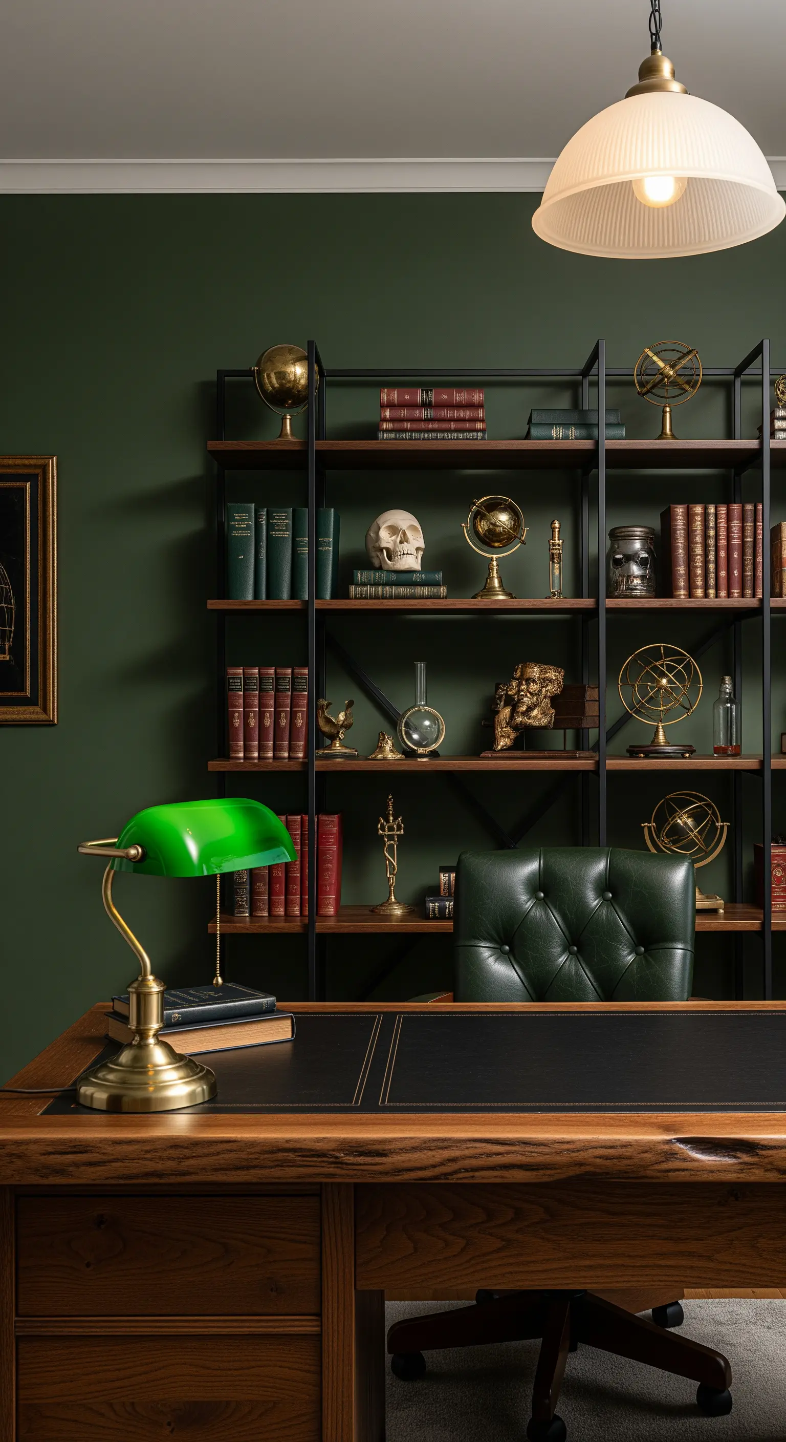 Studio classico con pareti verdi, scrivania in legno scuro e libreria con oggetti da collezione.