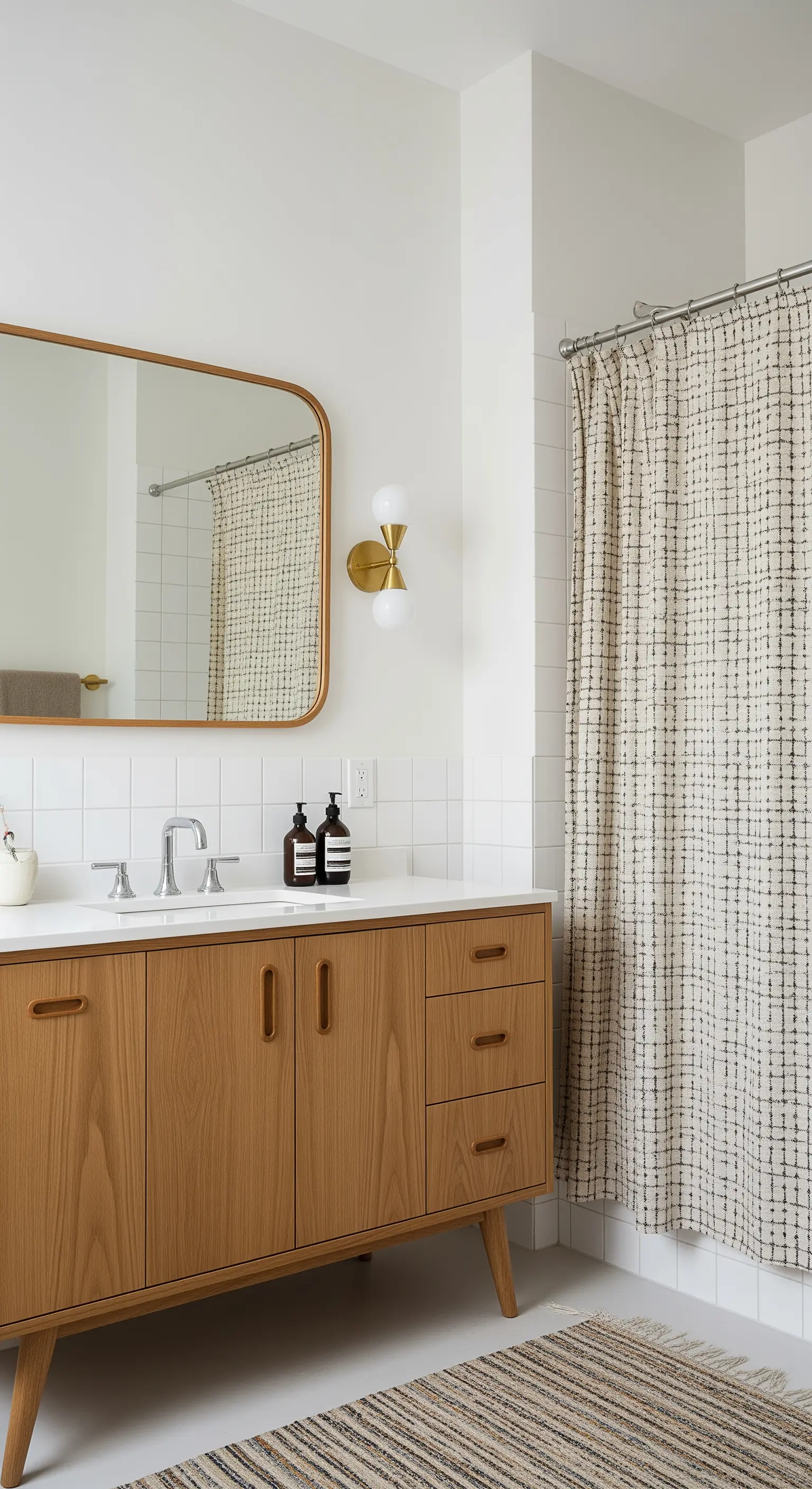 Mobile bagno in stile Mid-Century con piedini a compasso e specchio arrotondato.