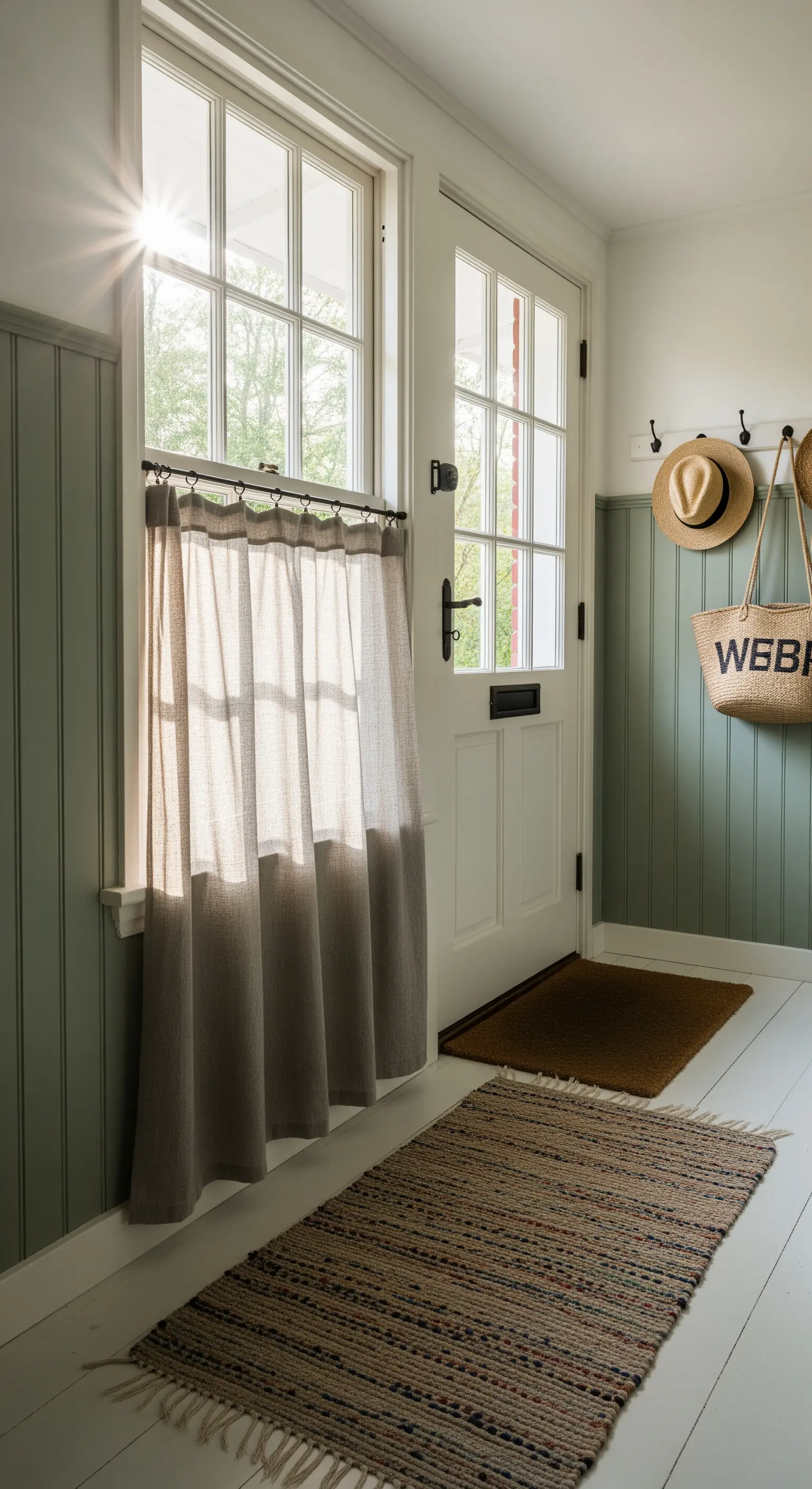 Ingresso farmhouse con boiserie verde salvia e una tenda a mezza altezza sulla finestra.