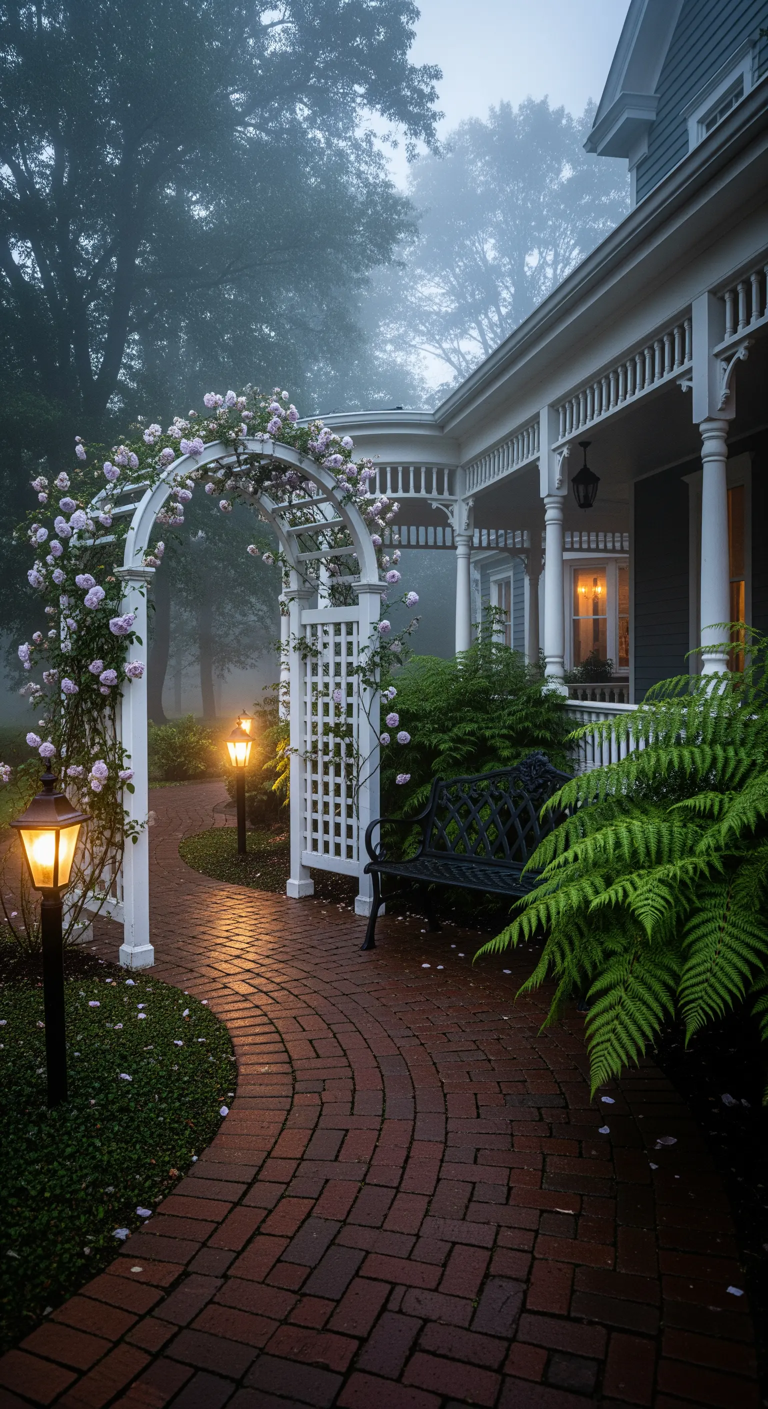 Portico bianco con arco di rose, sentiero in mattoni e un'atmosfera nebbiosa e suggestiva.