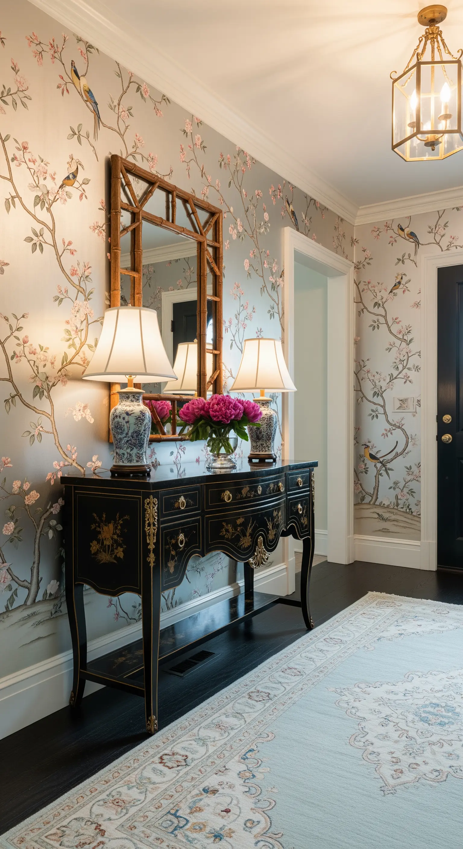 Ingresso in stile Chinoiserie con carta da parati a motivi orientali e consolle laccata.