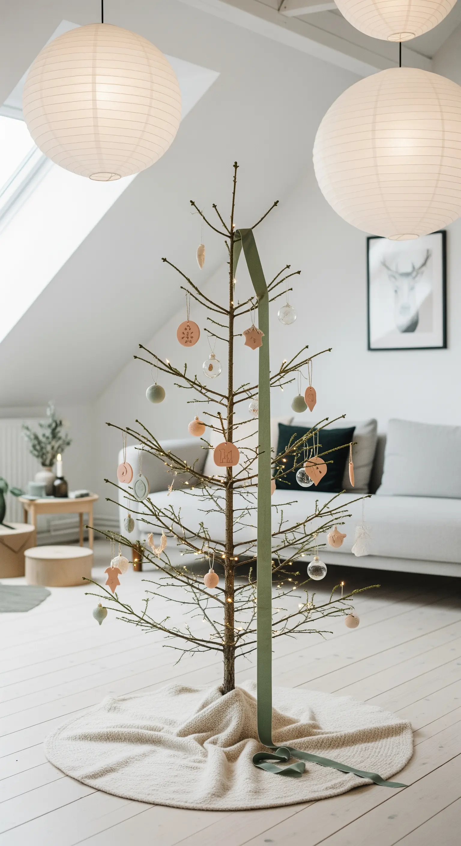 Albero di Natale minimalista con poche decorazioni e un nastro verde salvia verticale