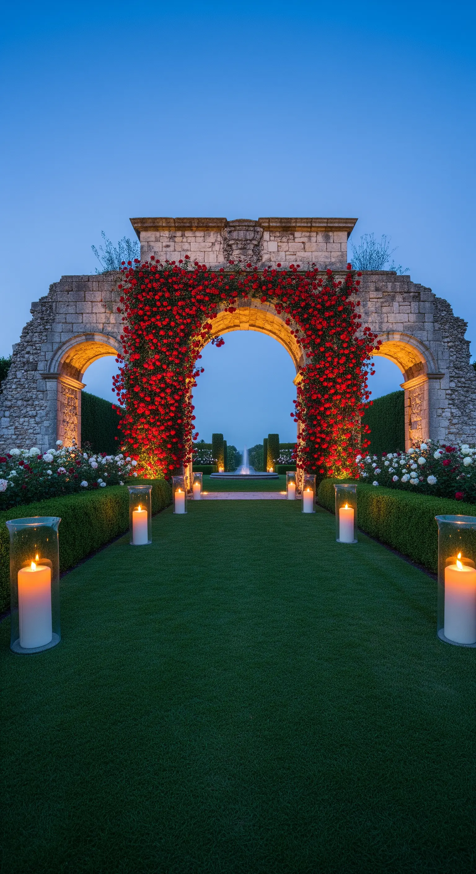 Antiche rovine in pietra coperte di rose rosse, che formano un arco su un prato curato.