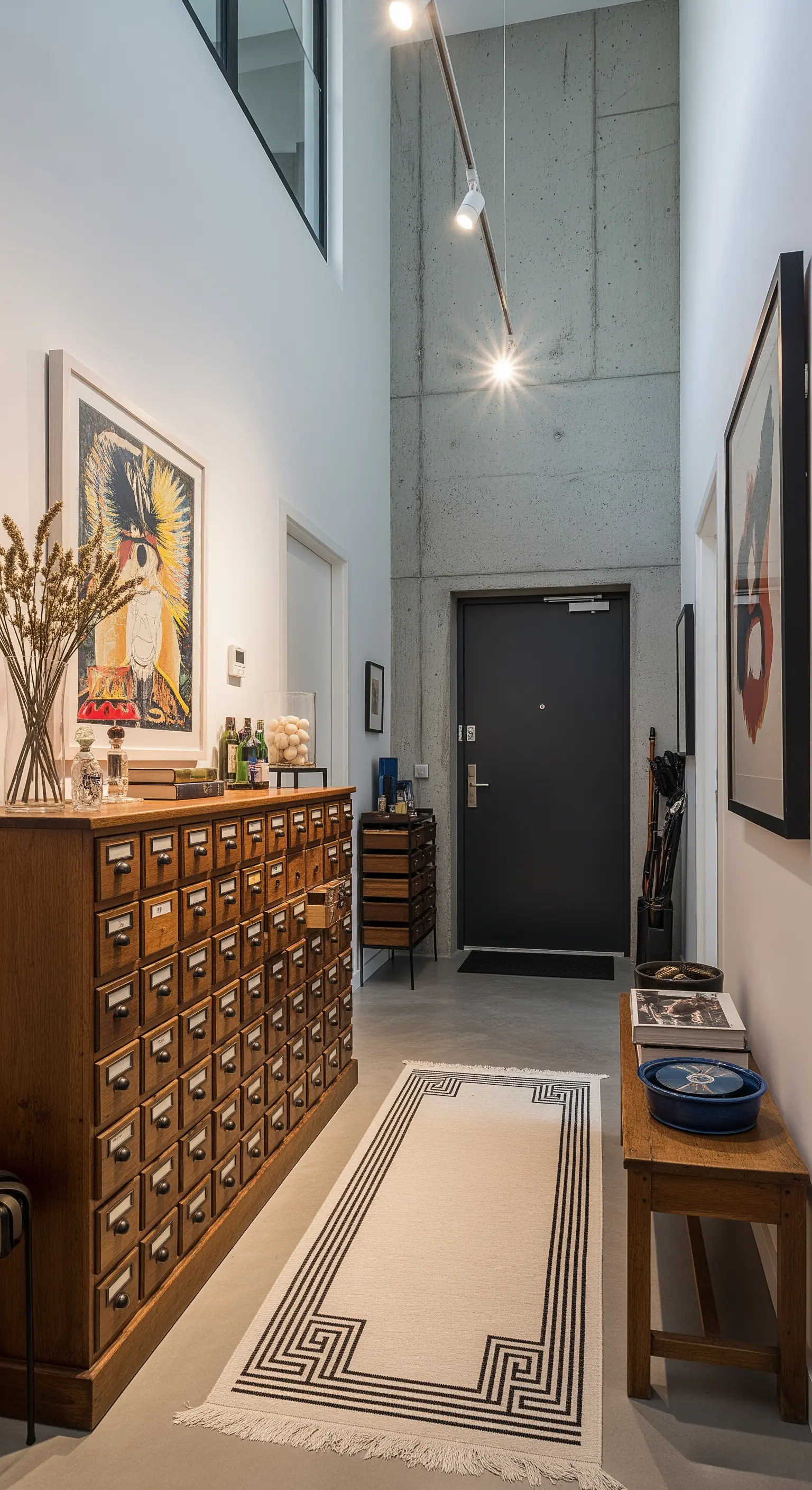 Grande schedario in legno vintage in un ingresso con pareti in cemento e arte moderna.