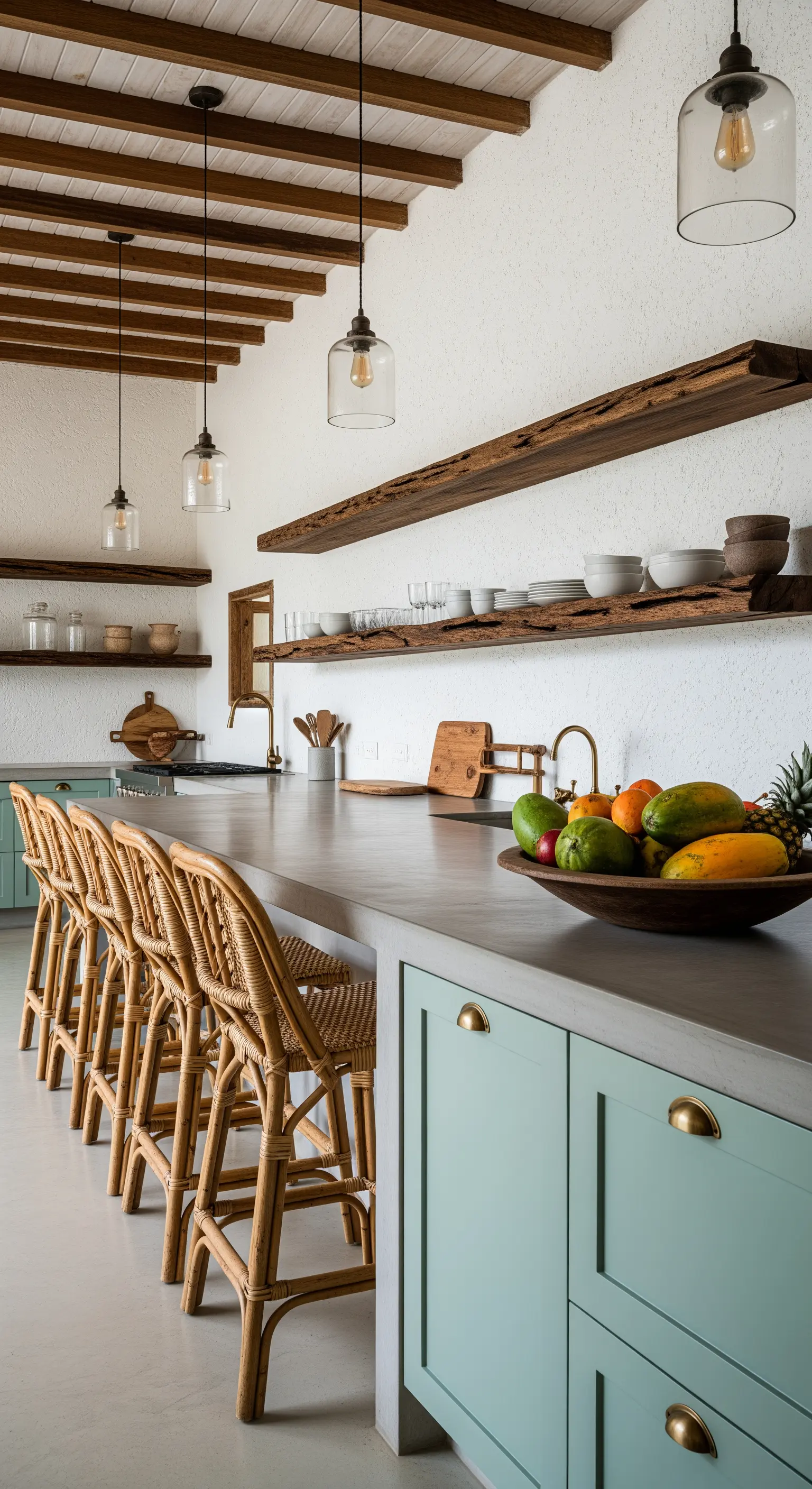 Cucina rustica con pareti bianche, mensole in legno grezzo e sgabelli in rattan.