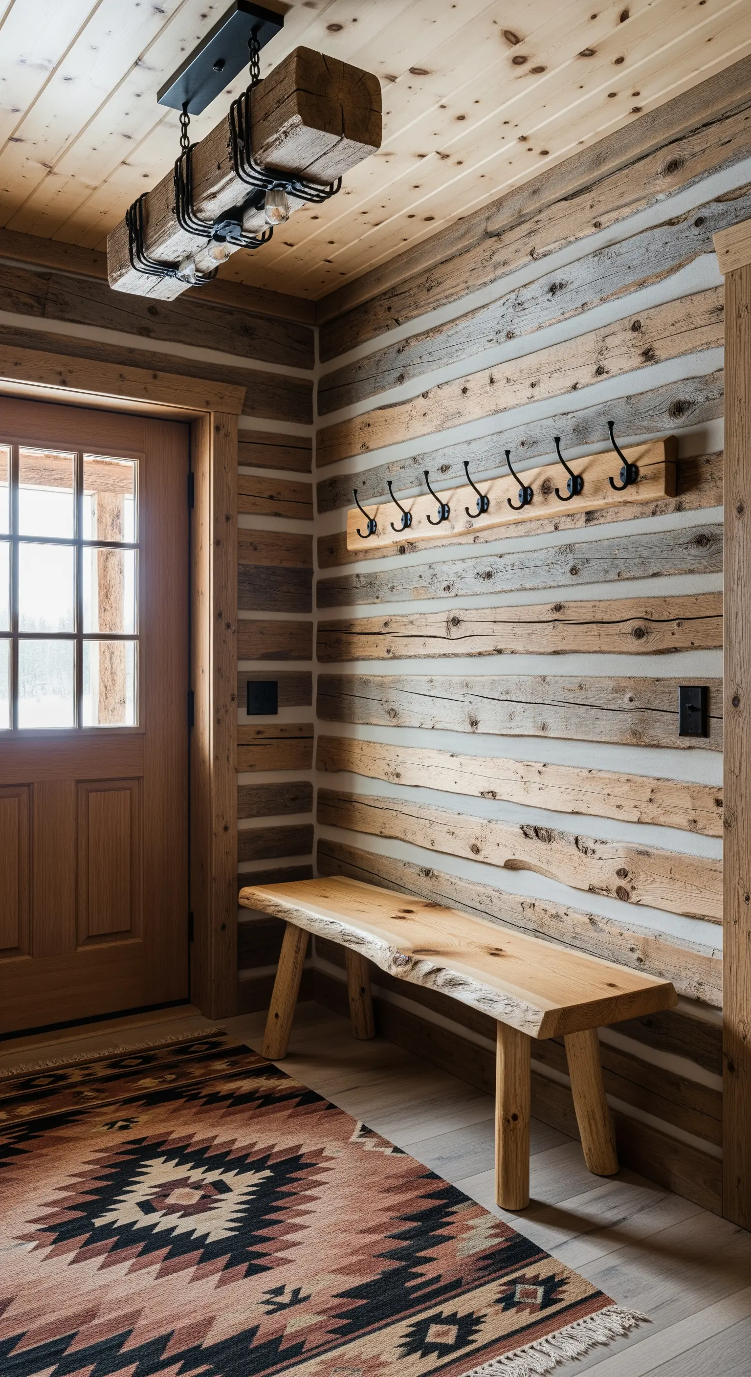 Ingresso rustico in stile baita con pareti in legno e tappeto etnico.