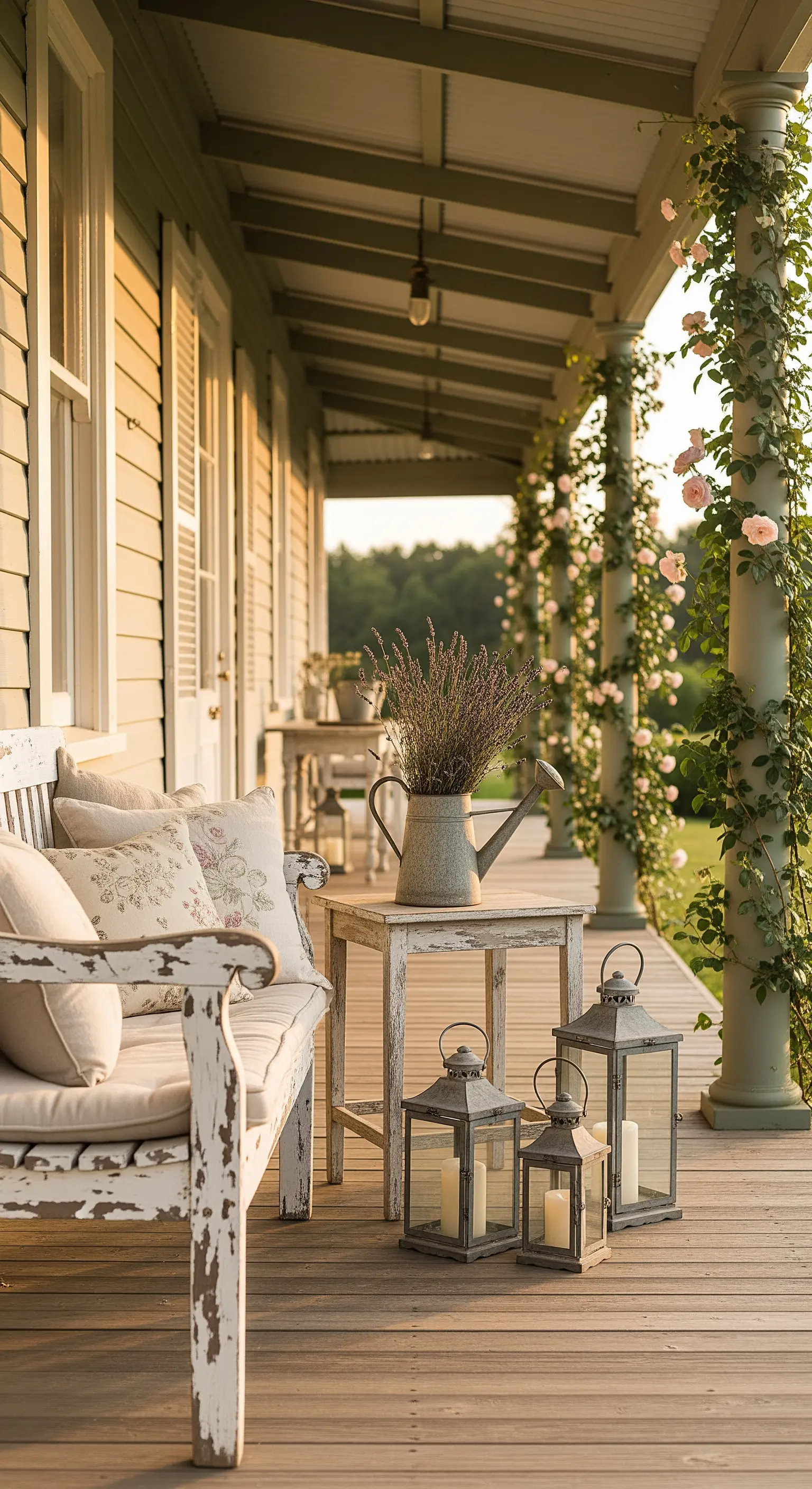 Portico shabby chic con panca bianca decapé, lavanda in un innaffiatoio e lanterne vintage.