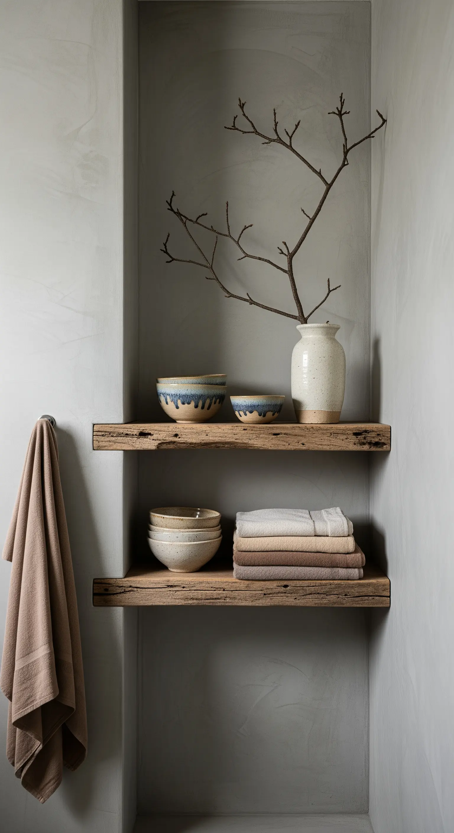 Due spesse mensole in legno grezzo in un angolo, con ceramiche artigianali e asciugamani.