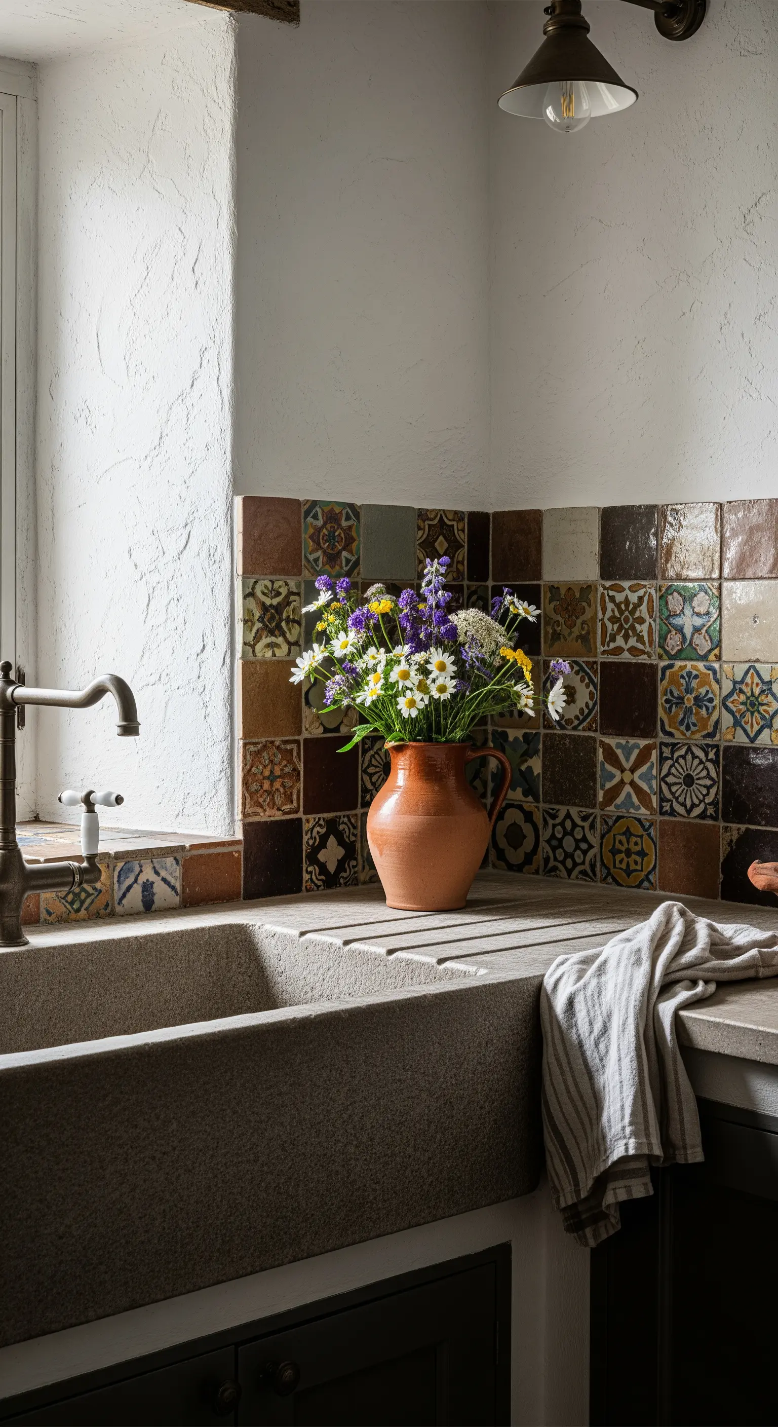 Lavello in pietra con paraschizzi composto da un patchwork di piastrelle in toni caldi.