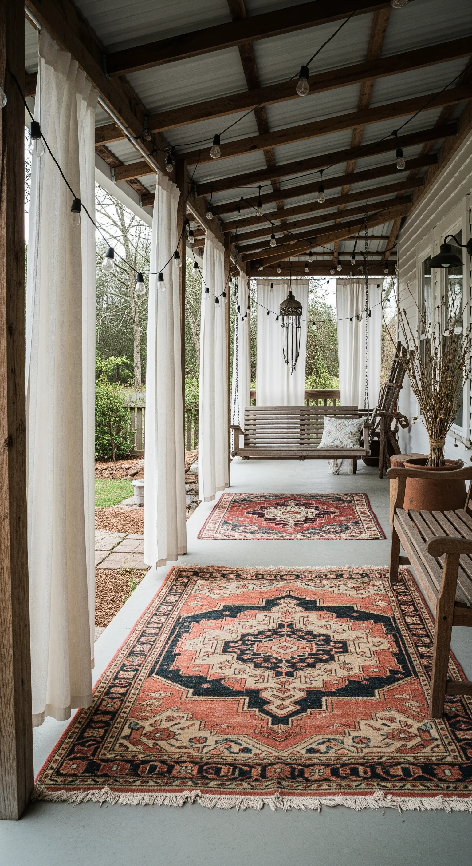 Portico rustico con dondolo in legno, tappeti kilim e tende di cotone grezzo.